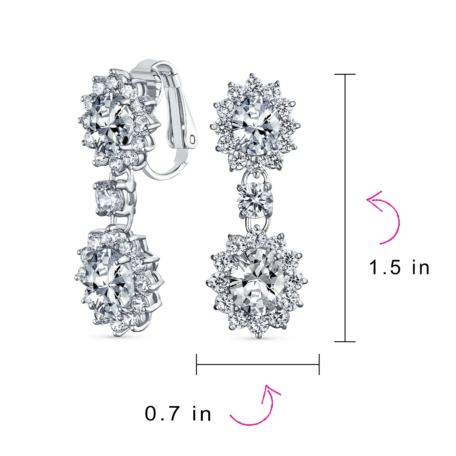 Crown Halo Pave Cubic Zirconia CZ Drop Dangling Oval Chandelier Clip On Earrings Statement Non-Pierced - Image 27
