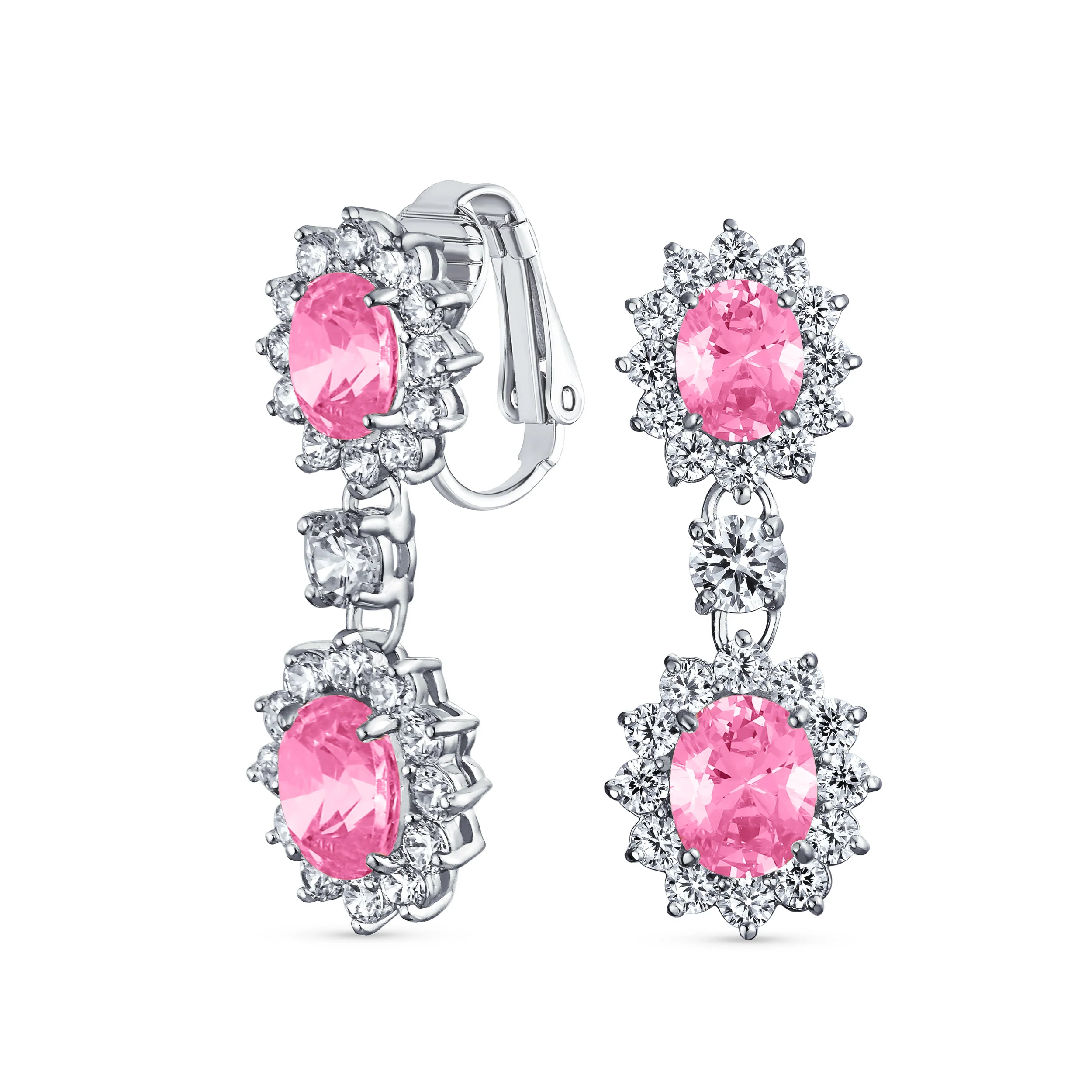 Crown Halo Pave Cubic Zirconia CZ Drop Dangling Oval Chandelier Clip On Earrings Statement Non-Pierced - Image 4