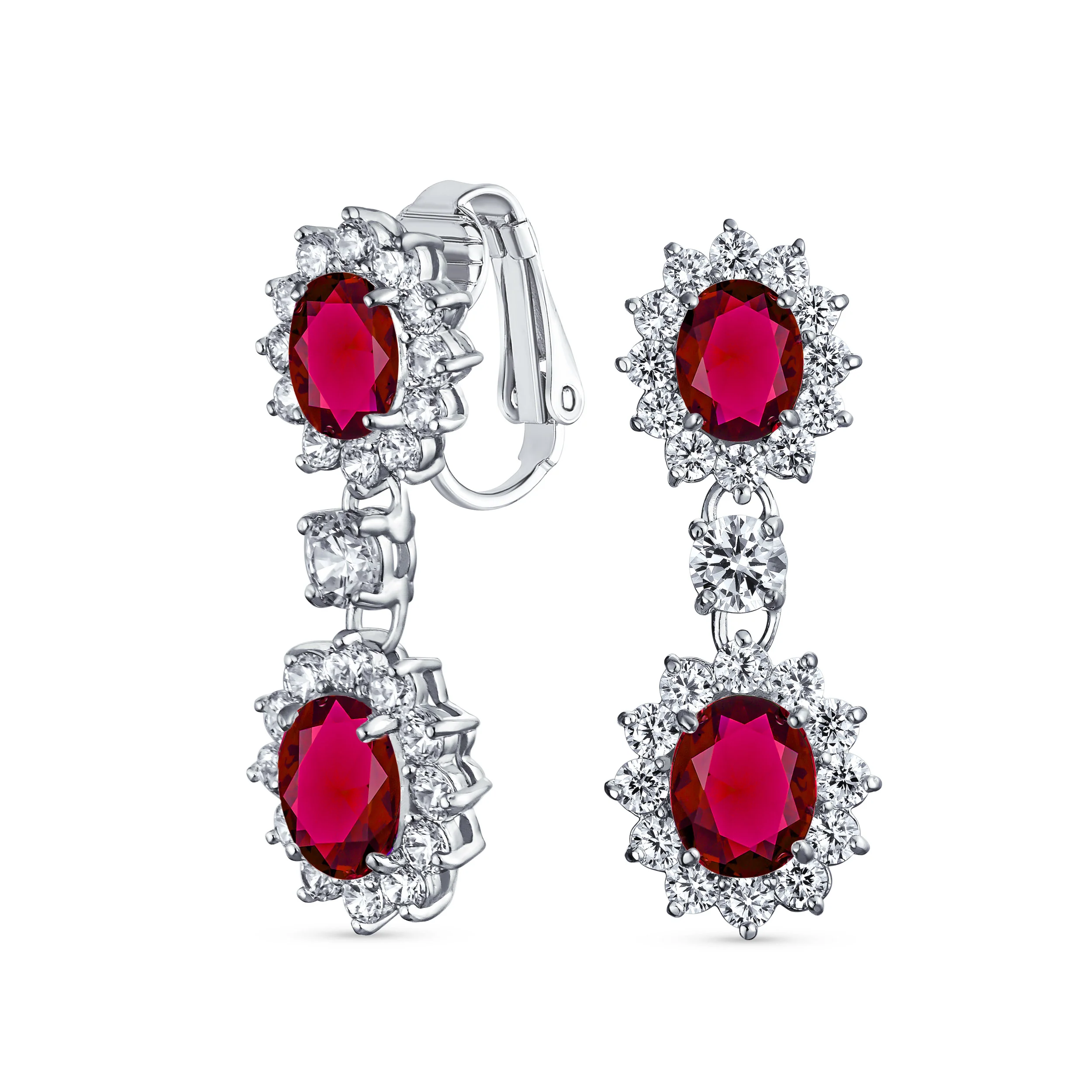 Crown Halo Pave Cubic Zirconia CZ Drop Dangling Oval Chandelier Clip On Earrings Statement Non-Pierced - Image 5