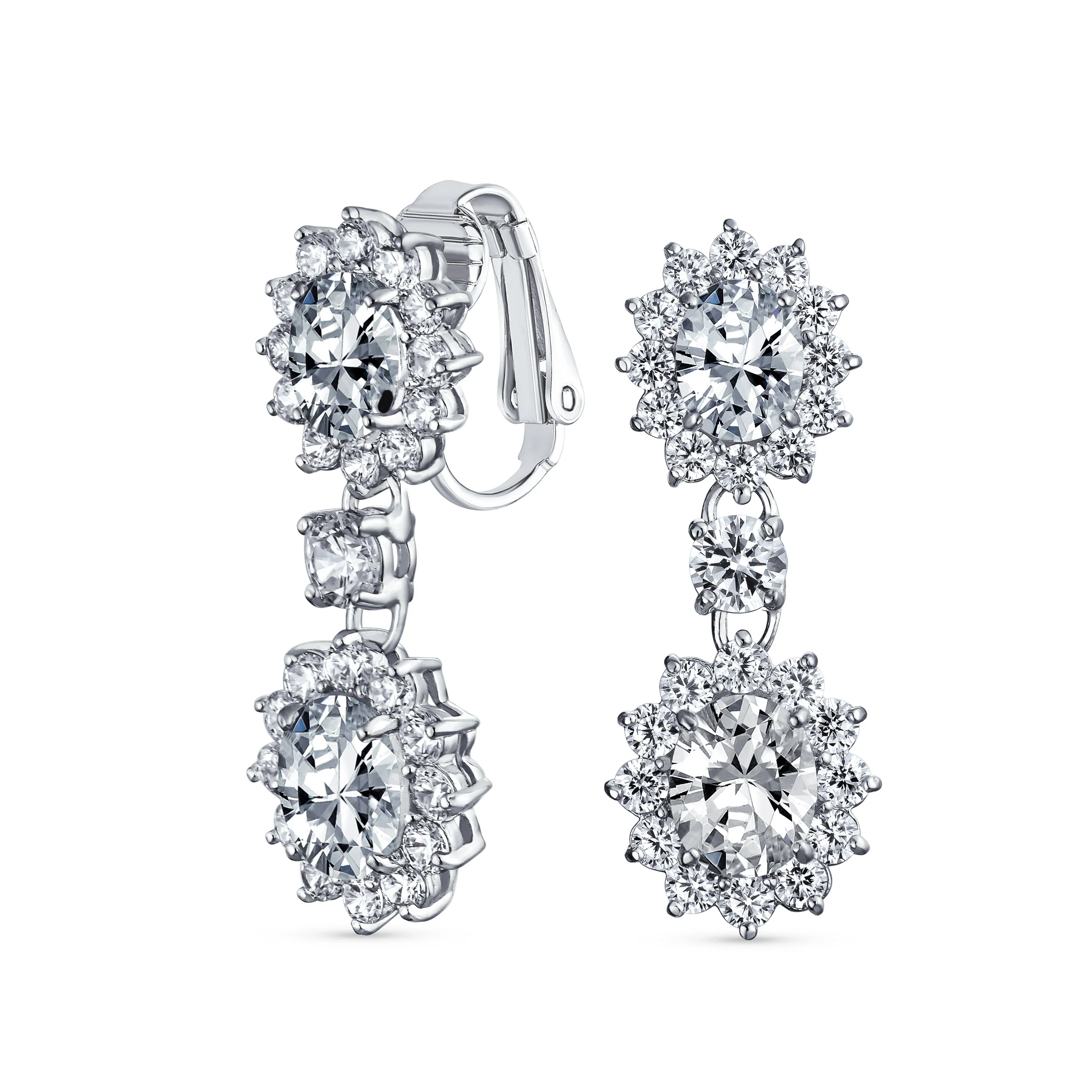 Crown Halo Pave Cubic Zirconia CZ Drop Dangling Oval Chandelier Clip On Earrings Statement Non-Pierced - Image 6
