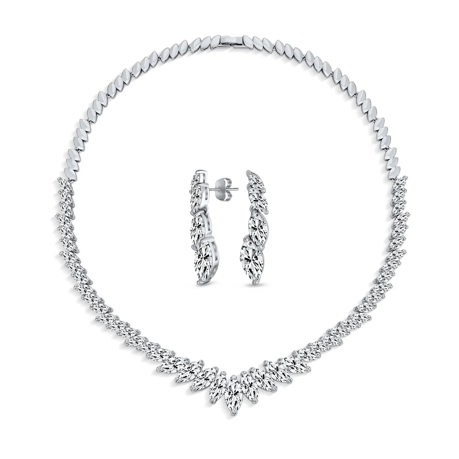 Classic Marquise Leaf CZ Statement V Necklace Chandelier Earrings Jewelry Set