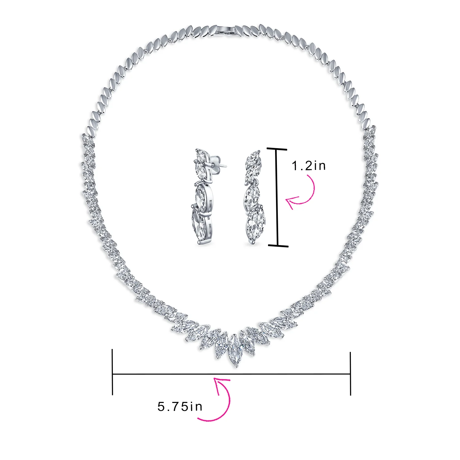 Classic Marquise Leaf CZ Statement V Necklace Chandelier Earrings Jewelry Set - Image 6