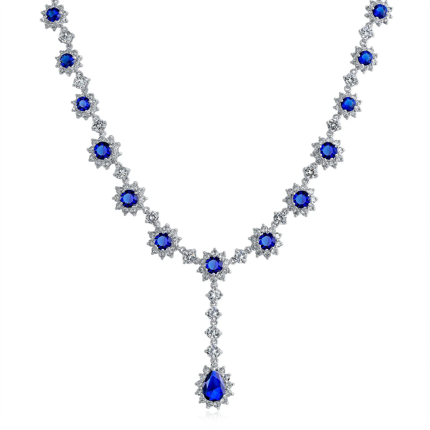 Y Collar Necklace Vintage Oval Crown Halo Royal Blue CZ Silver Plated