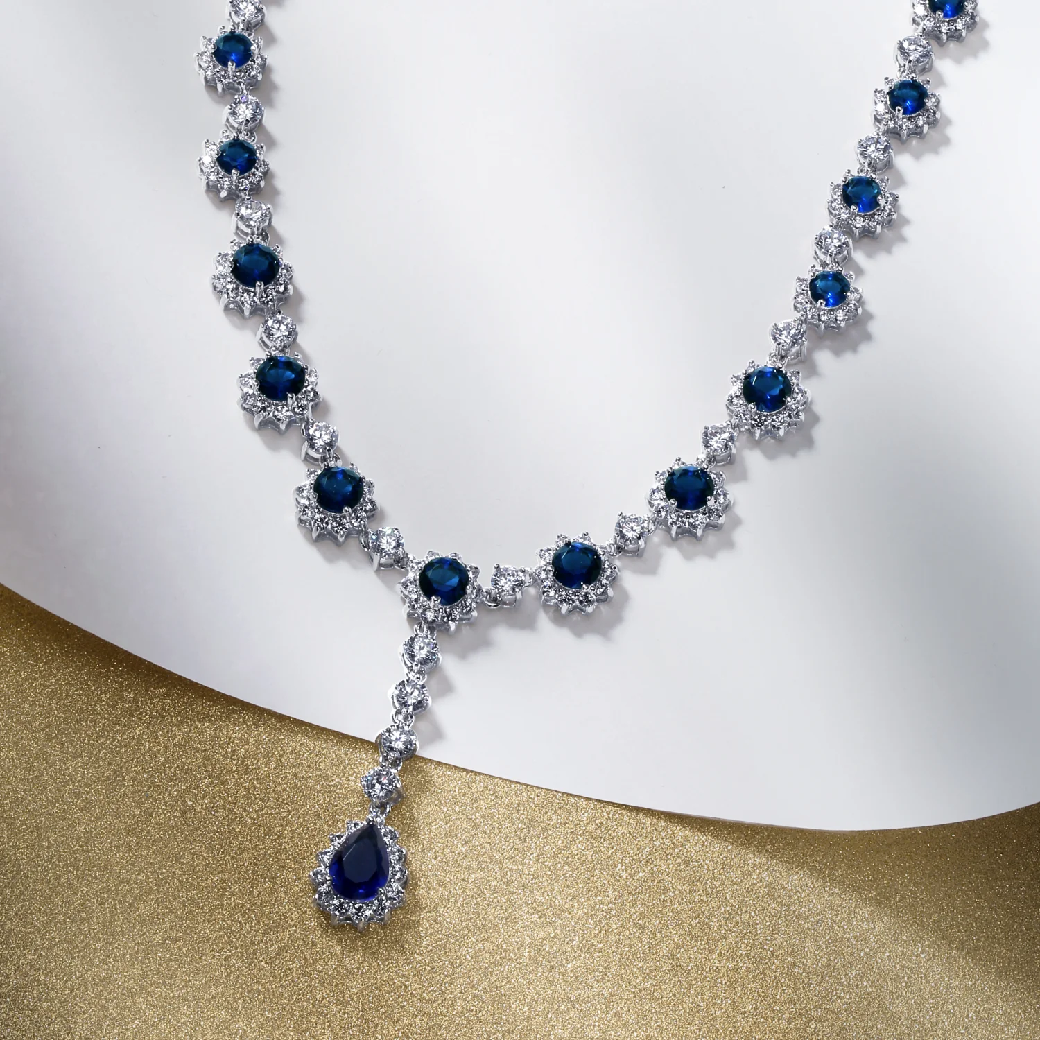 Y Collar Necklace Vintage Oval Crown Halo Royal Blue CZ Silver Plated - Image 4