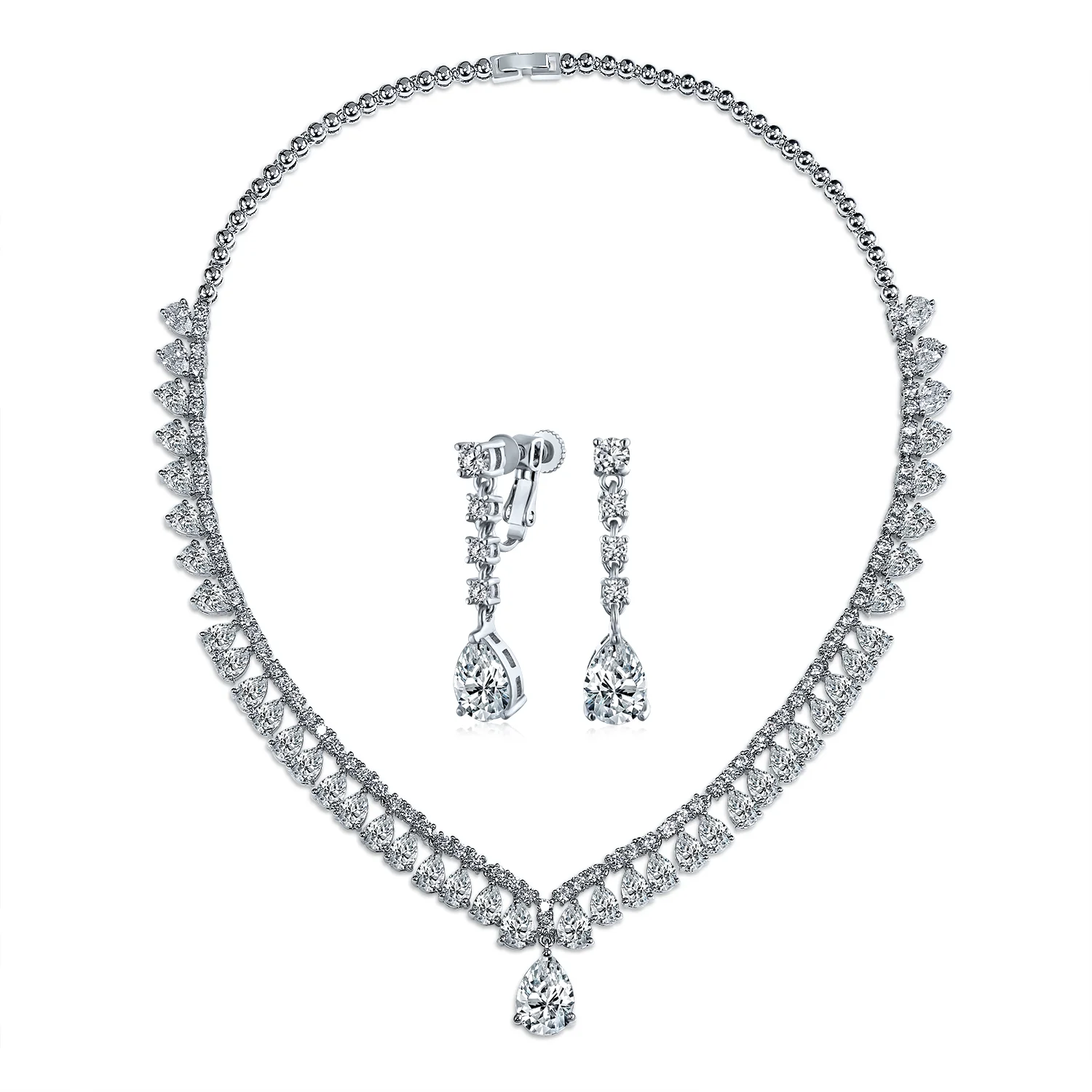Vintage Style CZ Cubic Zirconia Solitaire Teardrop Statement Necklace & Clip-On Earrings Jewelry Set