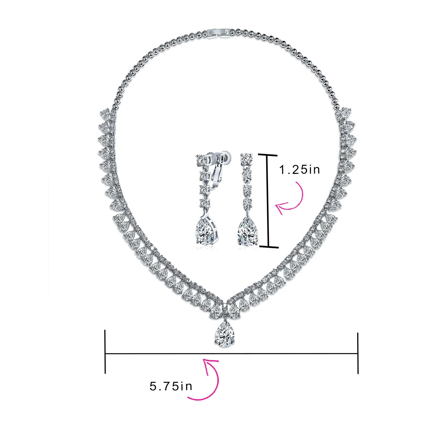 Vintage Style CZ Cubic Zirconia Solitaire Teardrop Statement Necklace & Clip-On Earrings Jewelry Set - Image 4