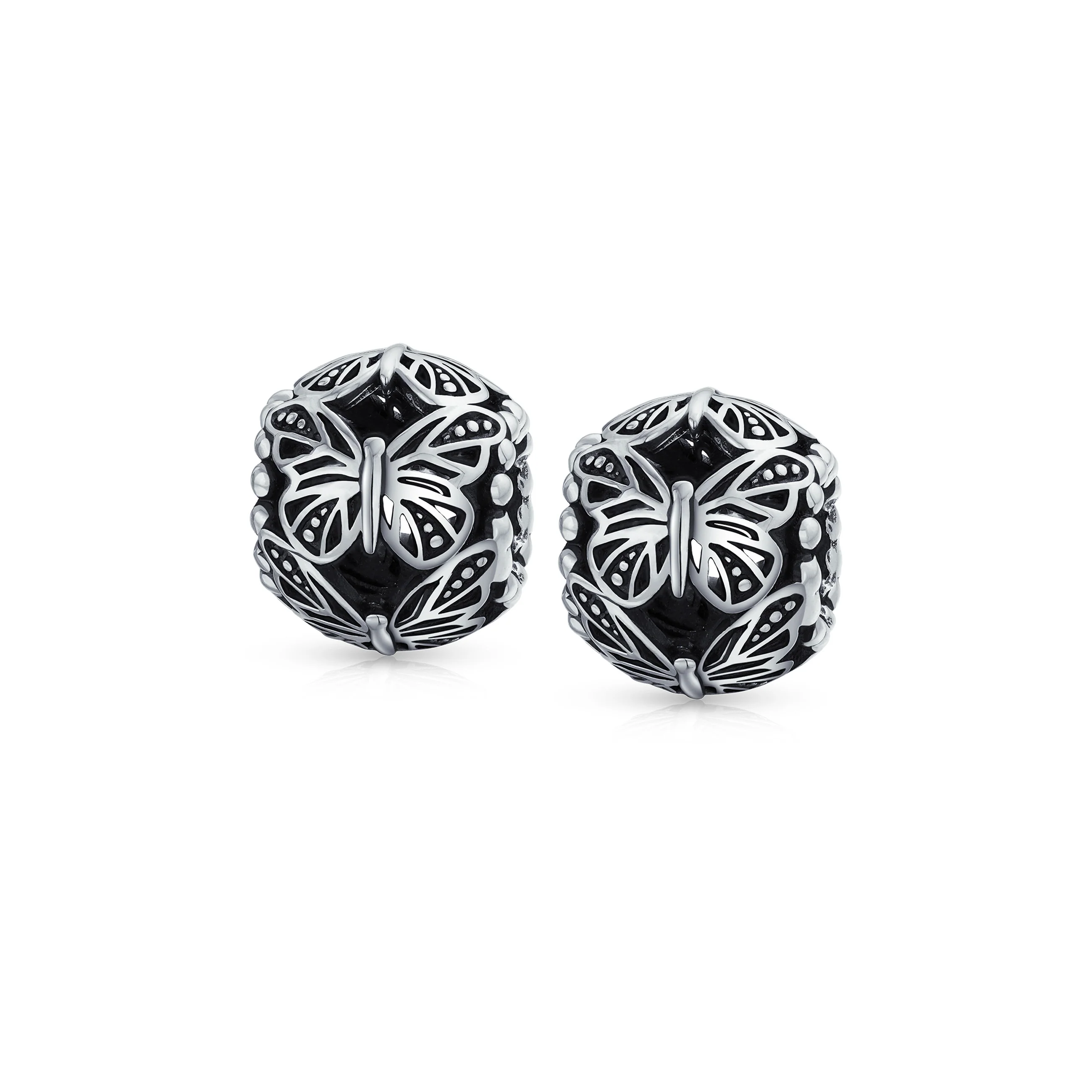 Set of 2 Garden Insect Filigree Butterfly Charm Bead Sterling Silver