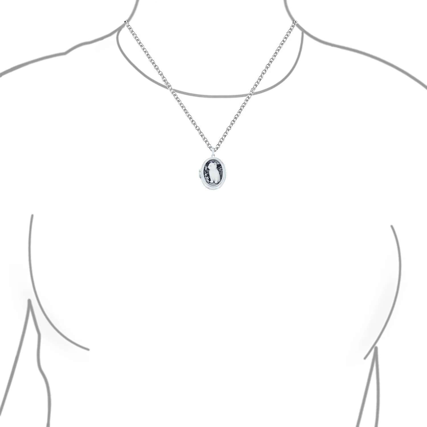 Vintage Style Cat Cameo Locket Necklace with Black Onyx Sterling Silver - Image 3