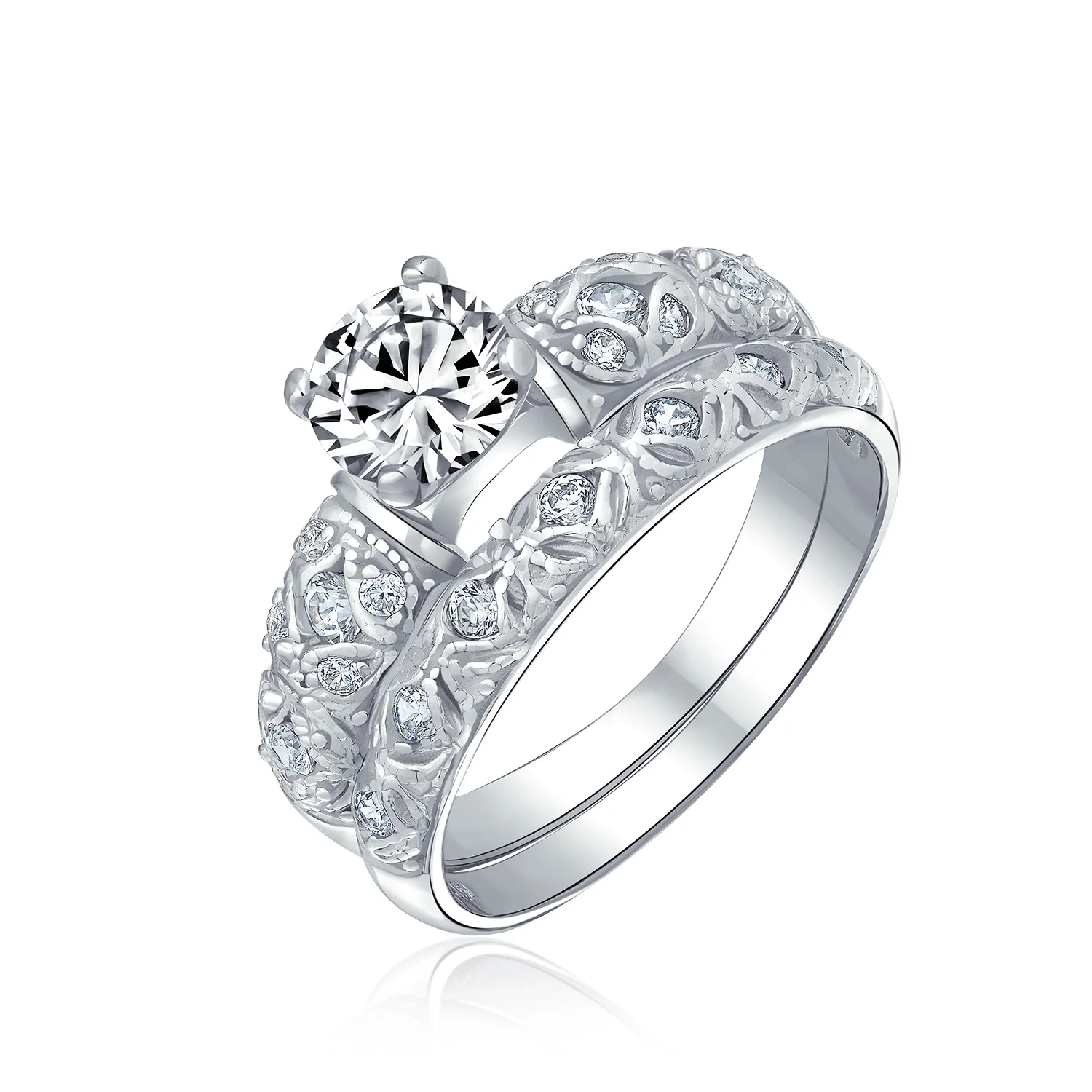 Vintage Style 1CT Round CZ Cubic Zirconia Solitaire Engagement Ring Set Filigree Band Sterling Silver - Image 2