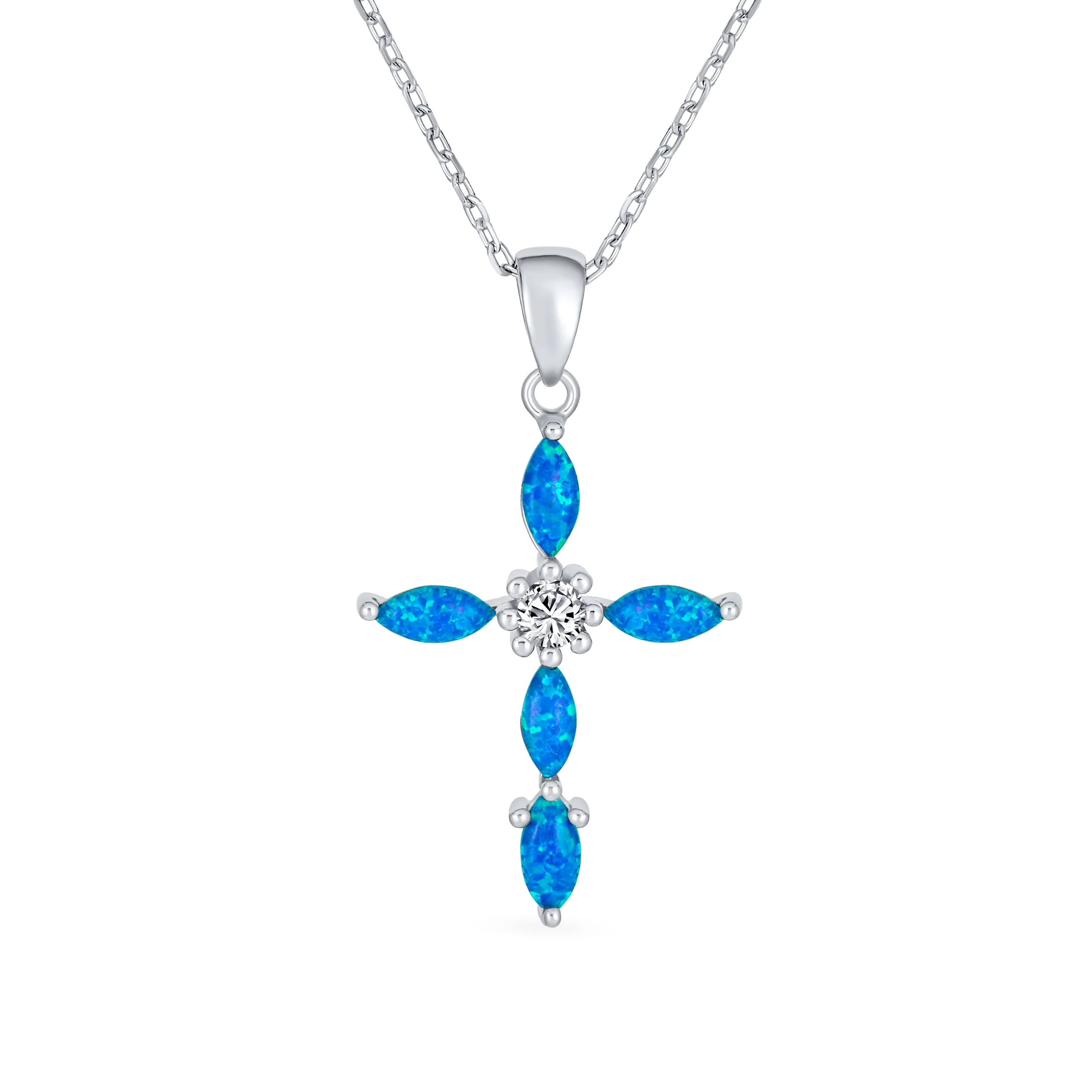 Vintage CZ Gemstone Blue Opal Cross Pendant Necklace Silver