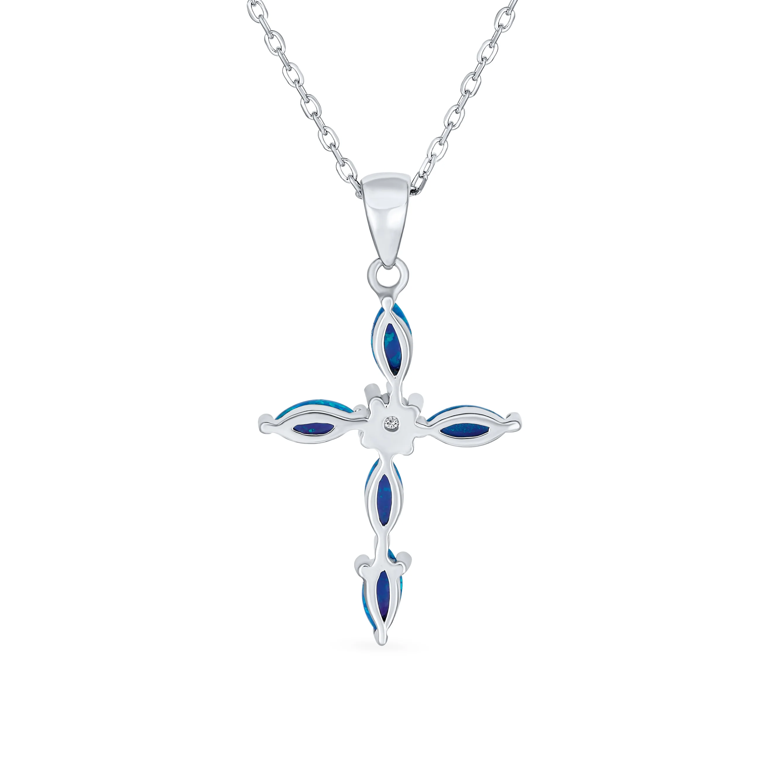 Vintage CZ Gemstone Blue Opal Cross Pendant Necklace Silver - Image 2