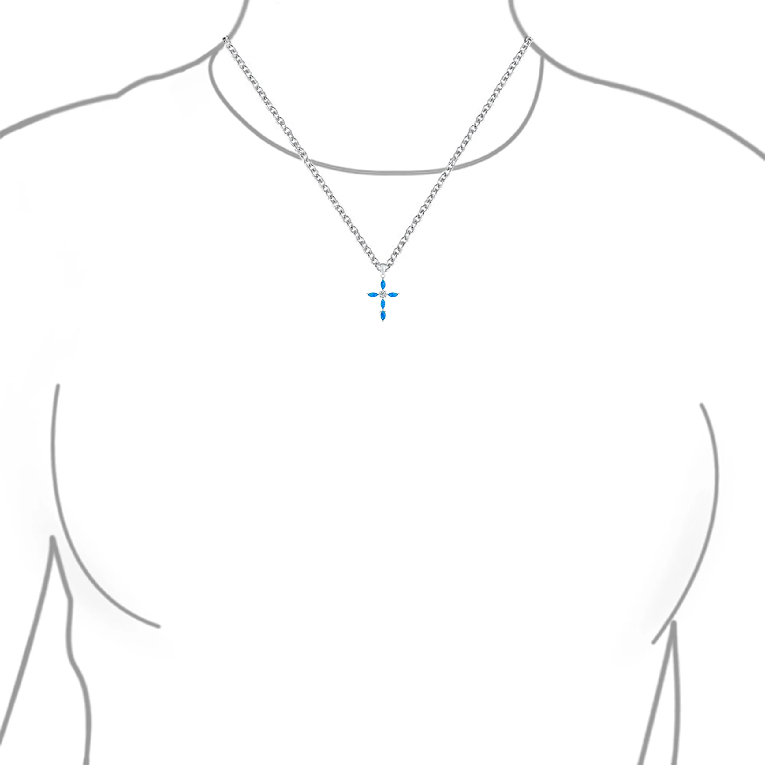 Vintage CZ Gemstone Blue Opal Cross Pendant Necklace Silver - Image 3