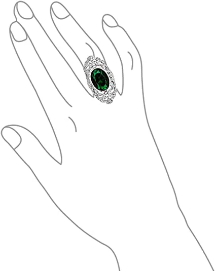 Art Deco Emerald Green Oval CZ Filigree Statement Full Finger Ring Silver Plated - Image 3