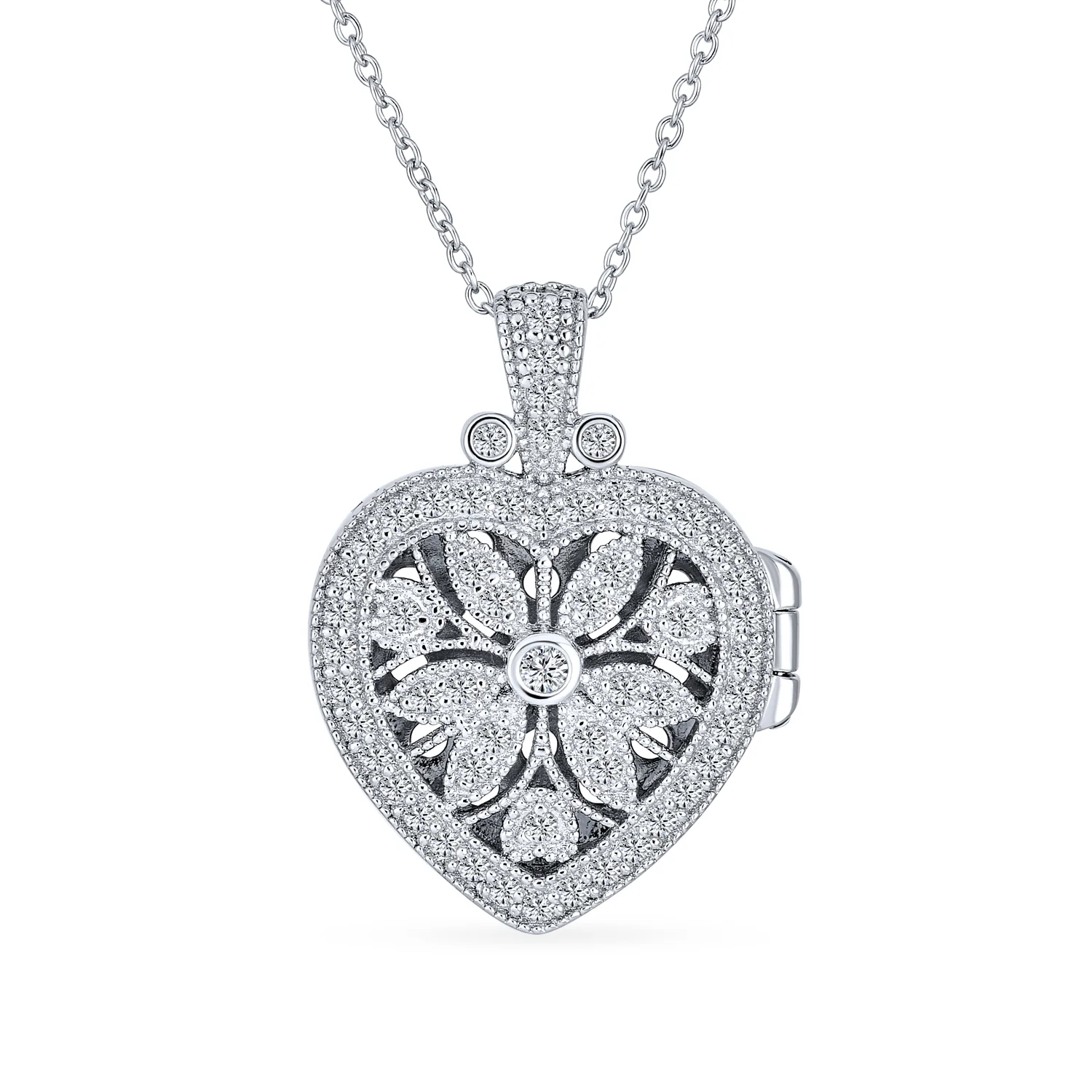 Vintage Style Keepsake Flower Heart Shape Photo Locket Pendant Necklace .925 Sterling Silver