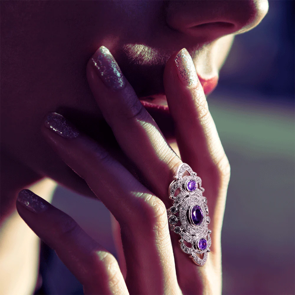 Vintage Style Filigree Purple CZ Cubic Zirconia Full Finger Statement Ring - Image 5