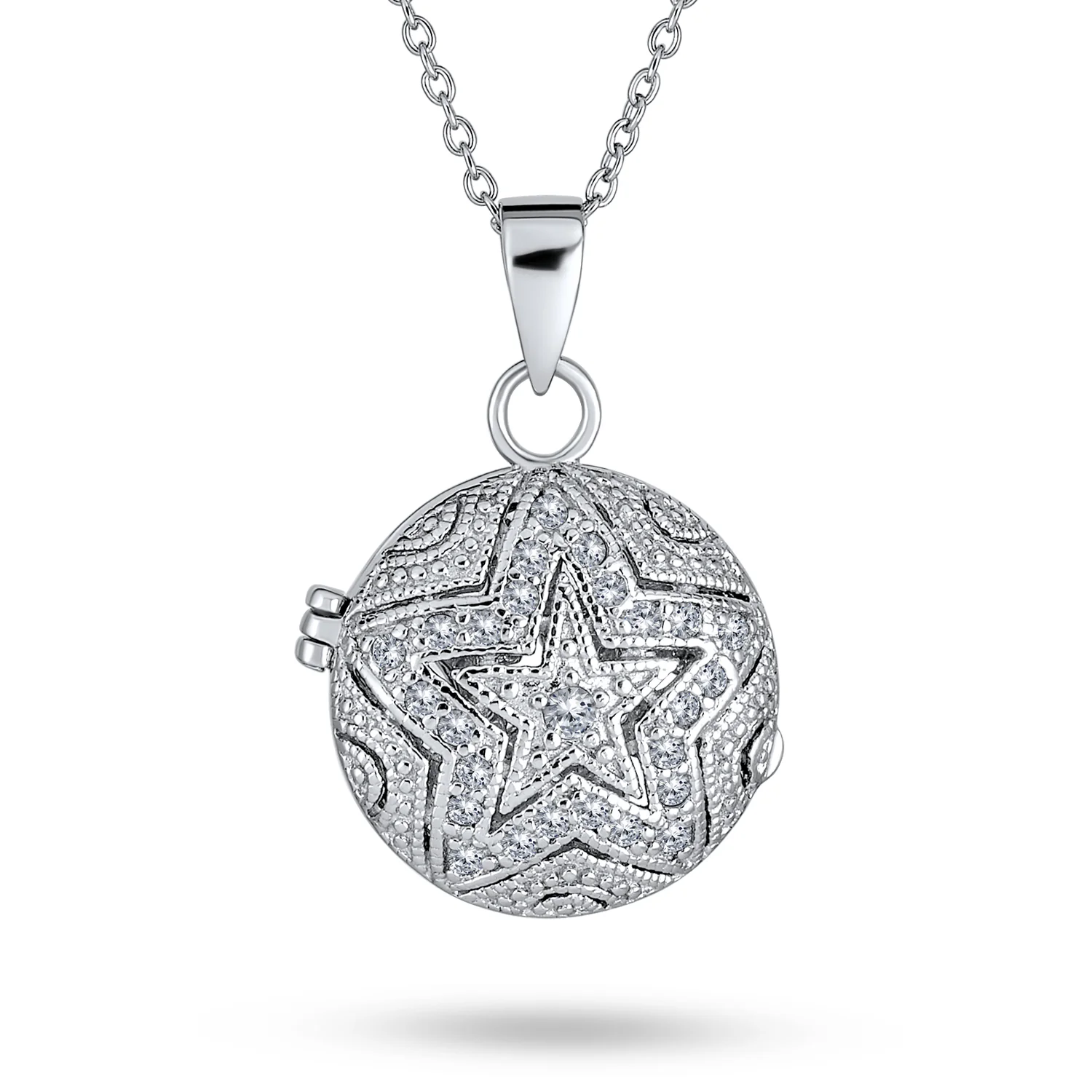 Vintage Style Keepsake Pave CZ Aromatherapy & Photo Round Star Shape Locket Pendant Necklace Sterling Silver