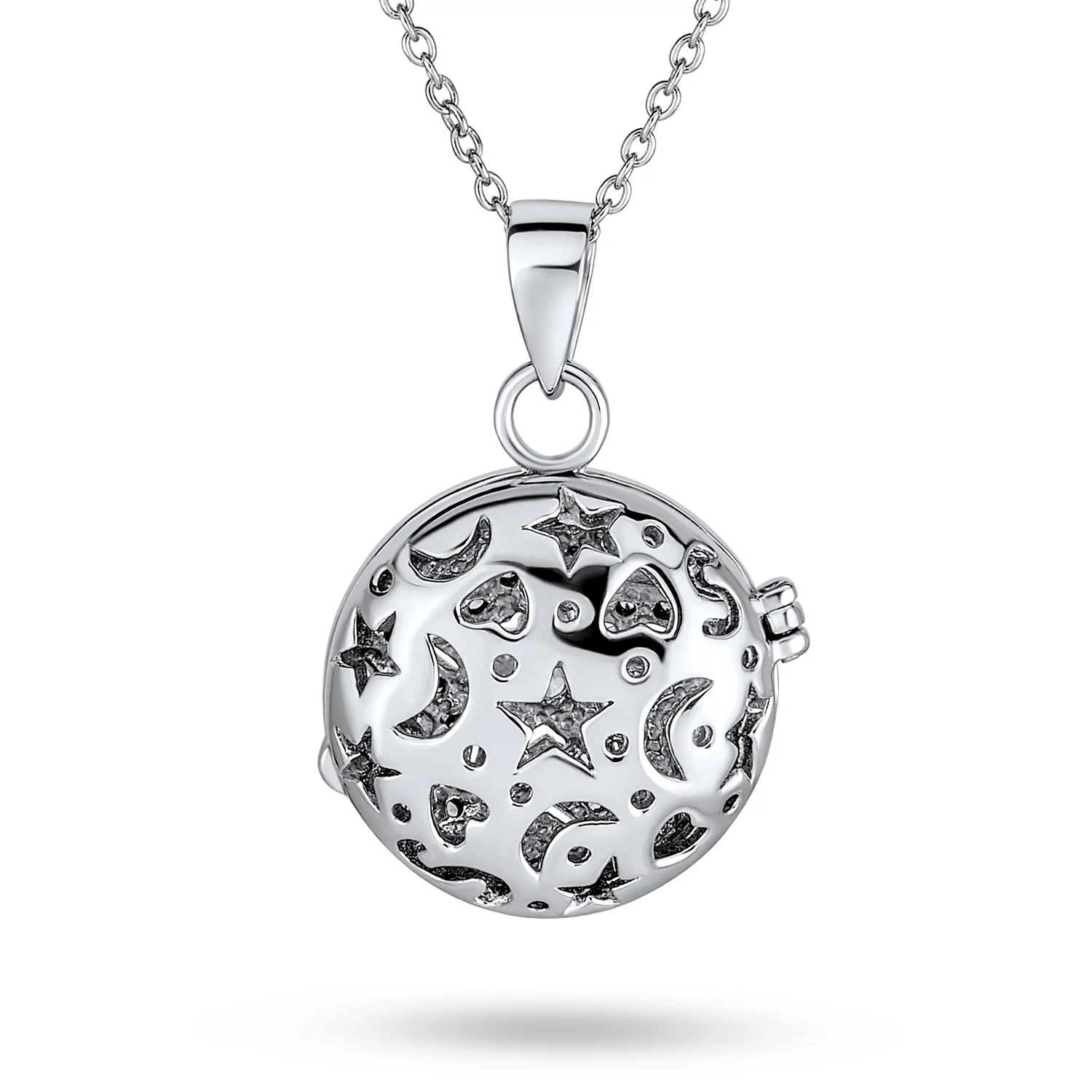 Vintage Style Keepsake Pave CZ Aromatherapy & Photo Round Star Shape Locket Pendant Necklace Sterling Silver - Image 2