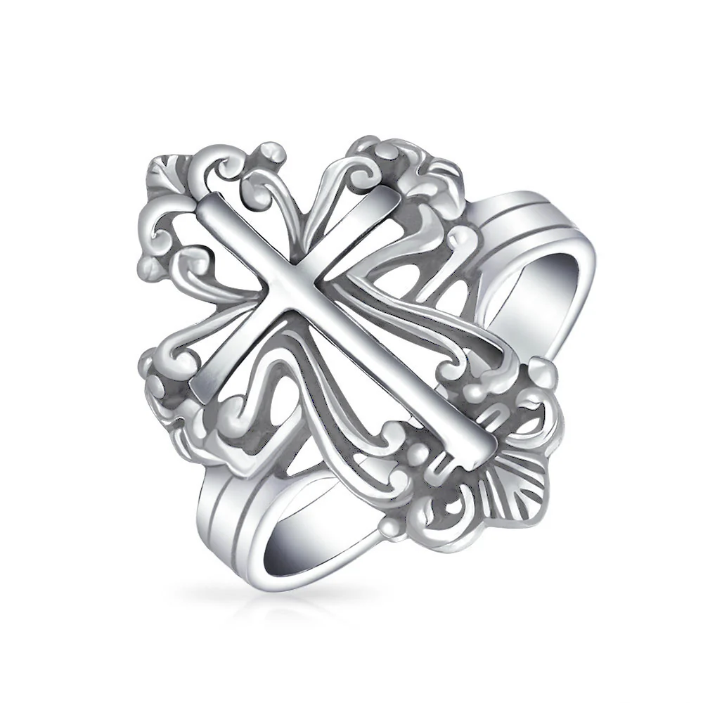 Vintage Style Spiritual Religious Fleur De Lis Cross Ring .925 Sterling Silver