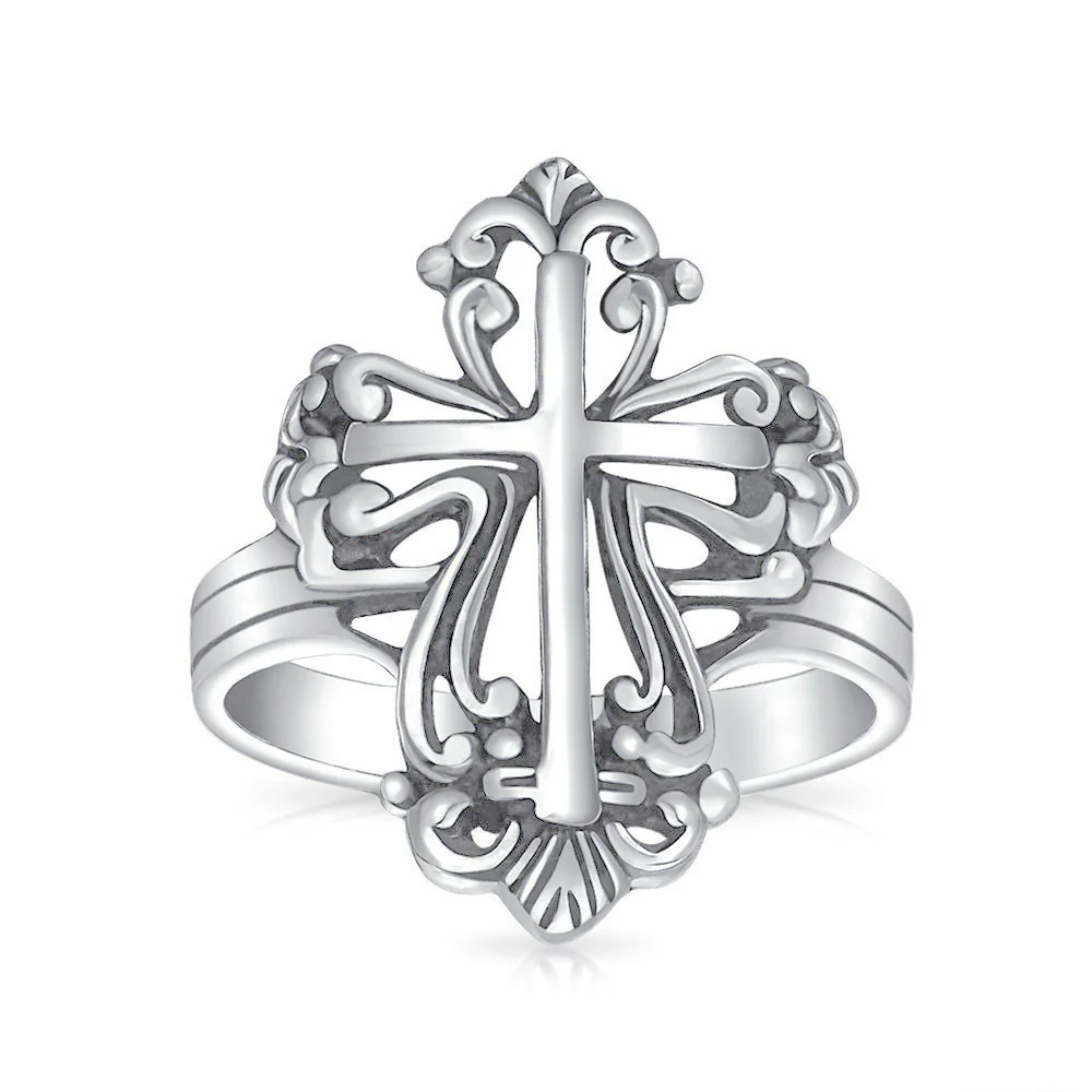 Vintage Style Spiritual Religious Fleur De Lis Cross Ring .925 Sterling Silver - Image 2