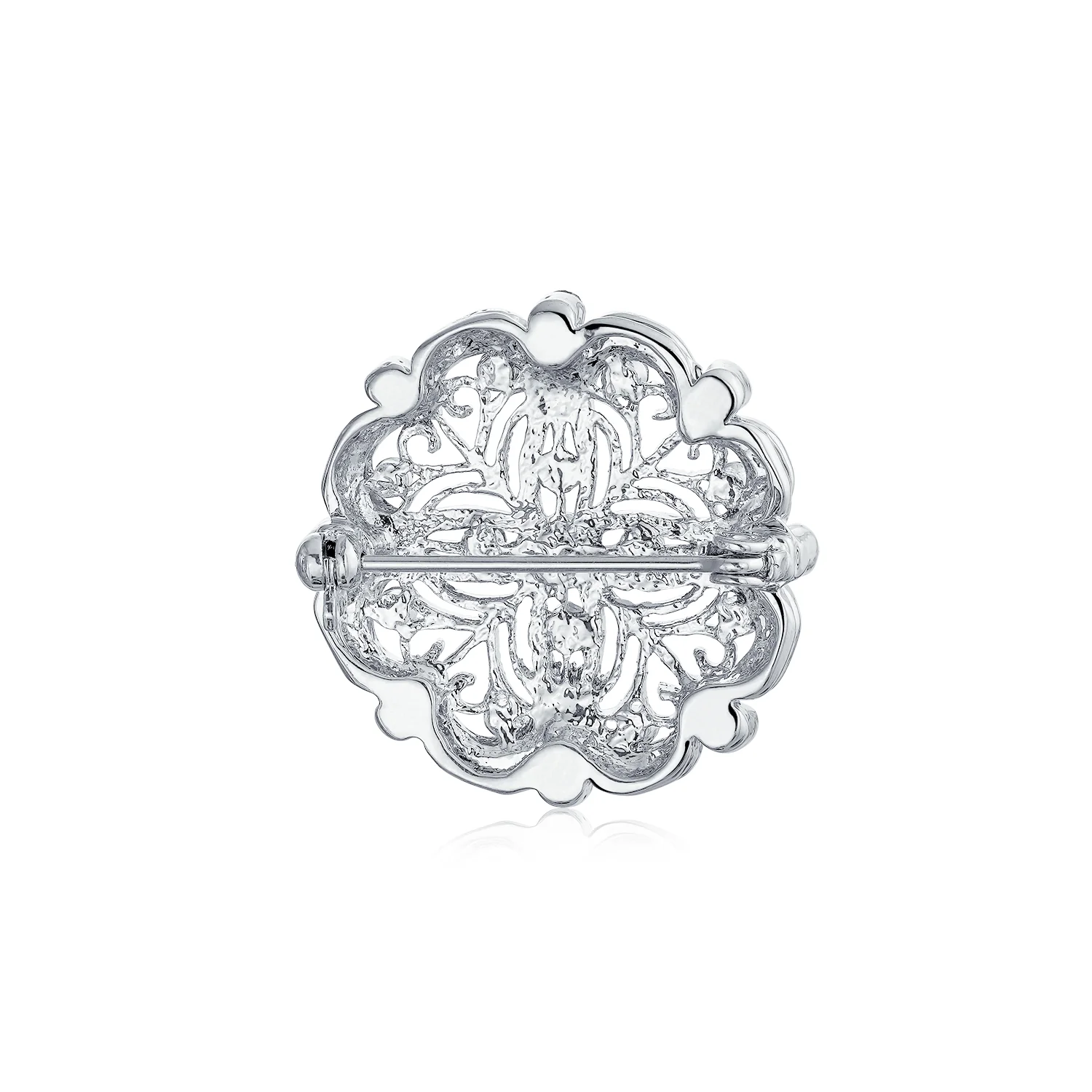 Art Deco Style Romantic Filigree CZ Floral Round Scarf Brooch Pin Silver Plated - Image 2
