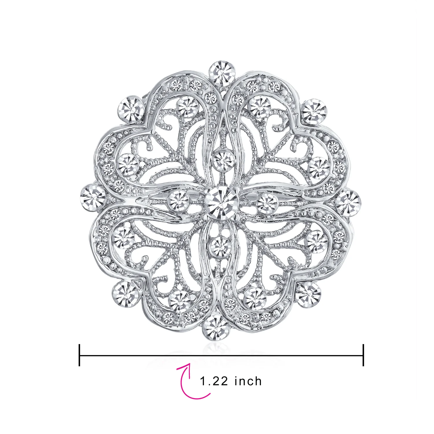 Art Deco Style Romantic Filigree CZ Floral Round Scarf Brooch Pin Silver Plated - Image 4