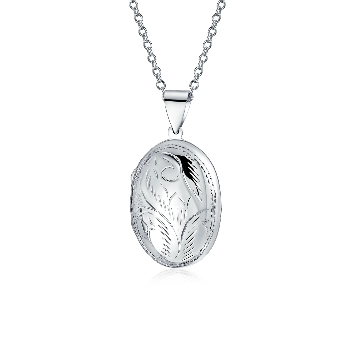 Vintage Style Floral Design Small Oval Shape Photo Locket Necklace Pendant .925 Sterling Silver