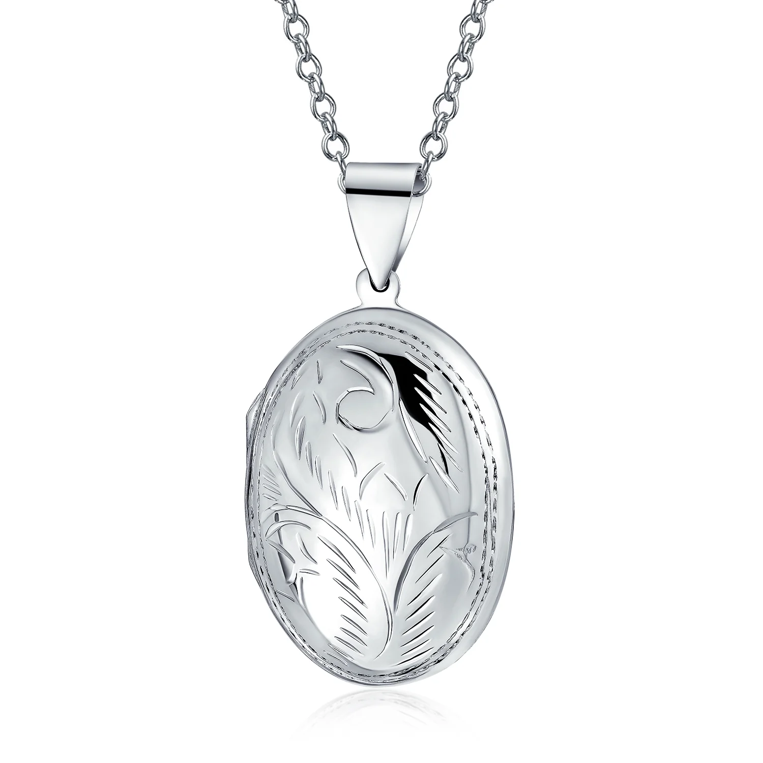 Oval Keepsake Photo Locket Necklace Carved Floral Leaf Motif Holds Pictures .925 Sterling Silver