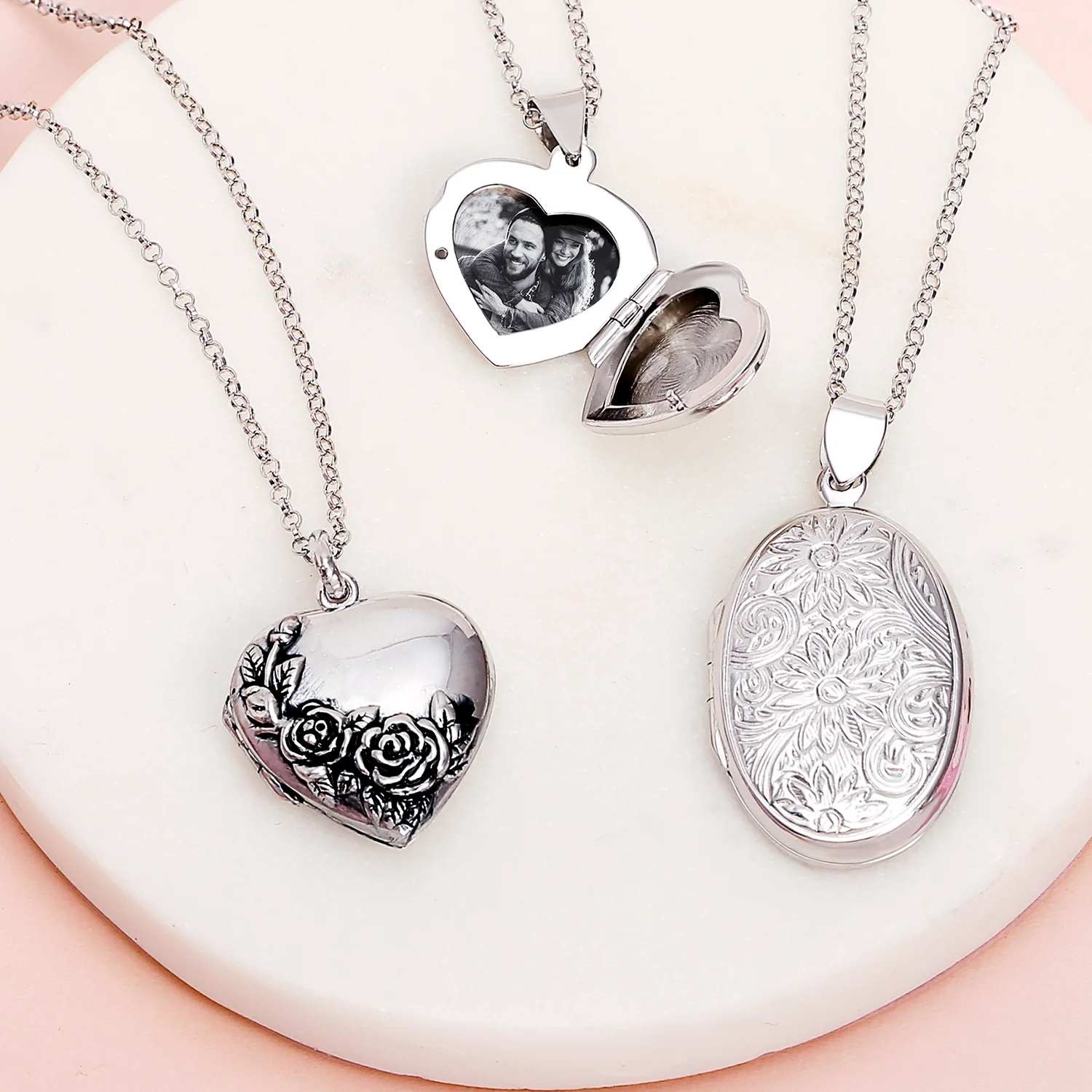 Vintage Floral Rose Heart Locket Necklace Pendant Silver - Image 6