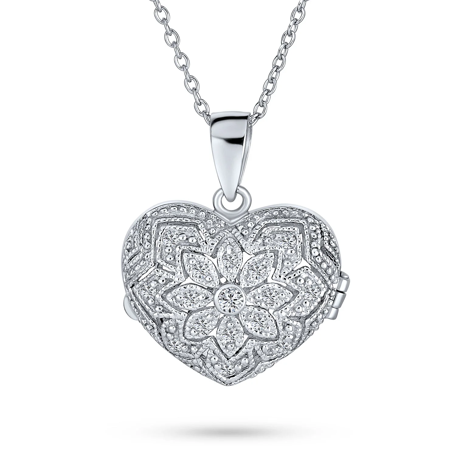 Vintage Style CZ Aromatherapy or Photo Puff Heart Shape Locket Pendant Necklace .925 Sterling Silver