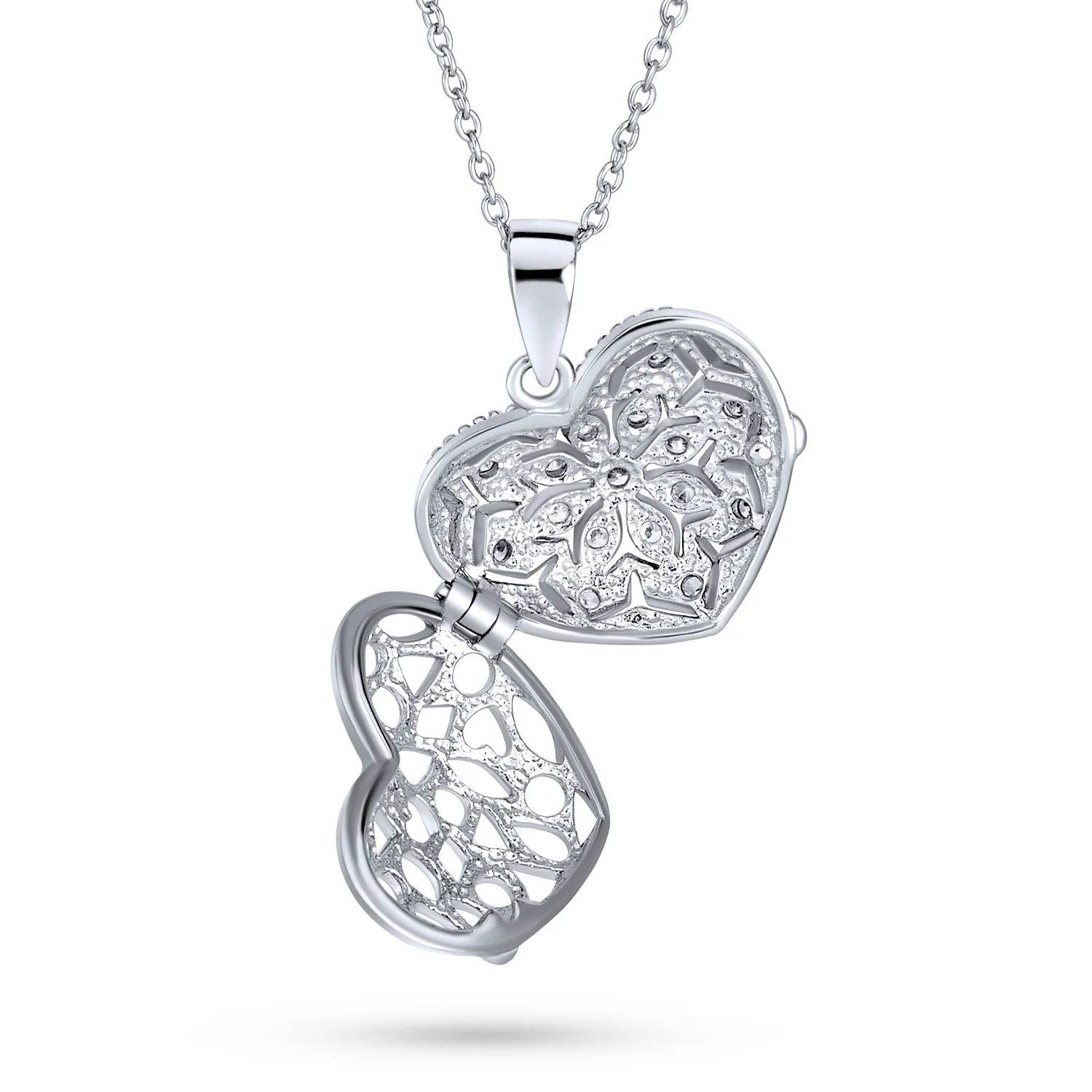 Vintage Style CZ Aromatherapy or Photo Puff Heart Shape Locket Pendant Necklace .925 Sterling Silver - Image 2