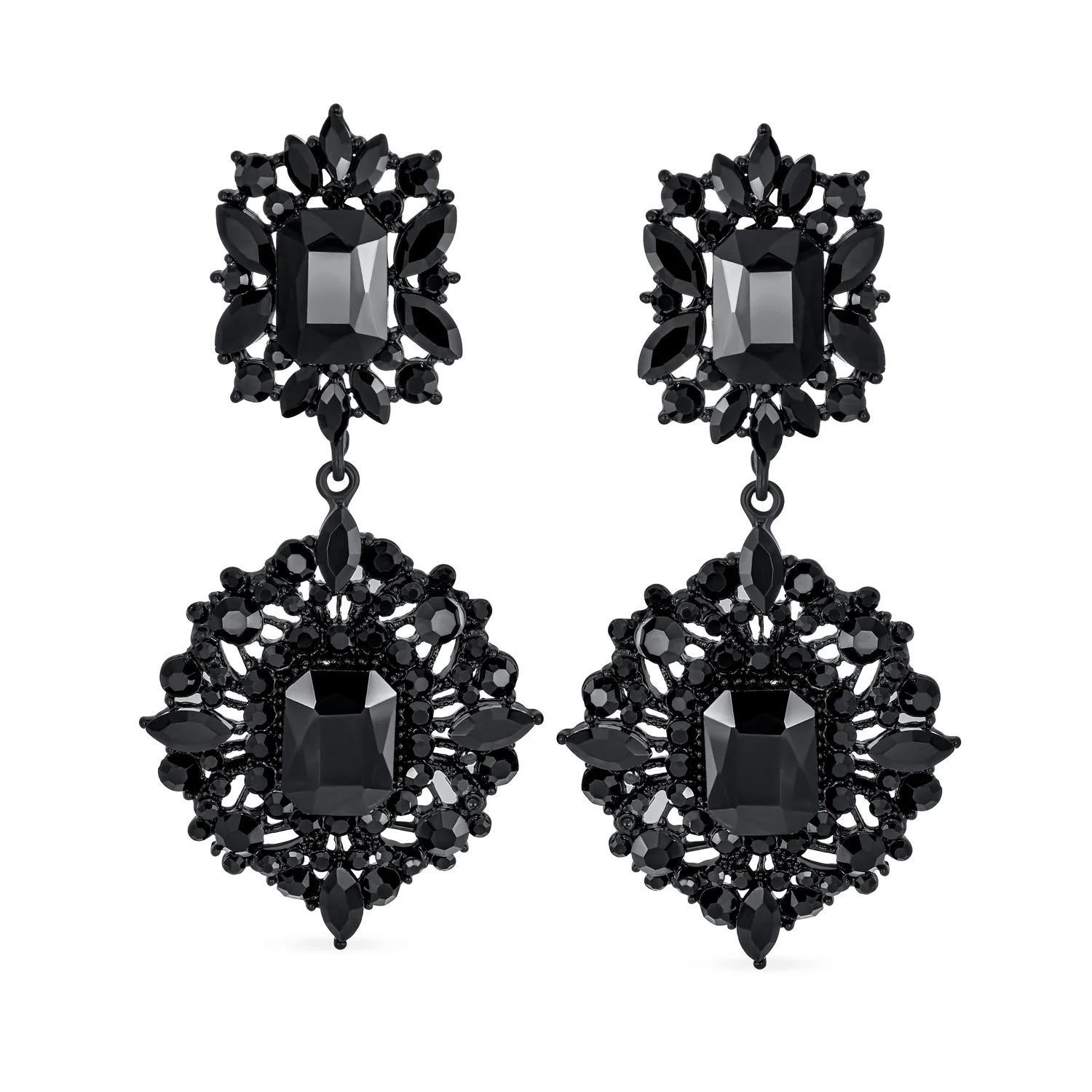 Set of 2 Big Crystal Art Deco Purple and Black Dangle Earrings Black Plated - Image 2