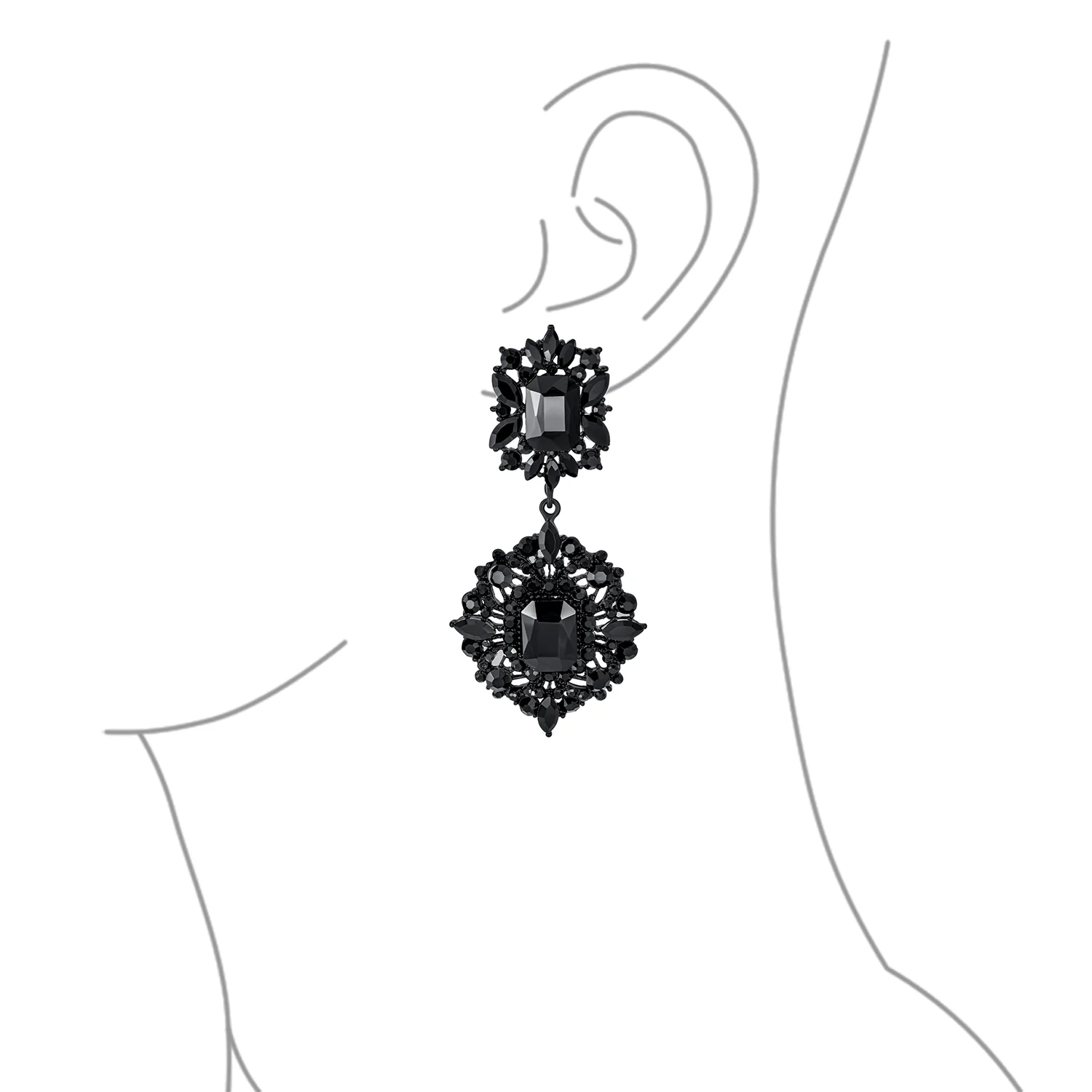 Set of 2 Big Crystal Art Deco Purple and Black Dangle Earrings Black Plated - Image 3