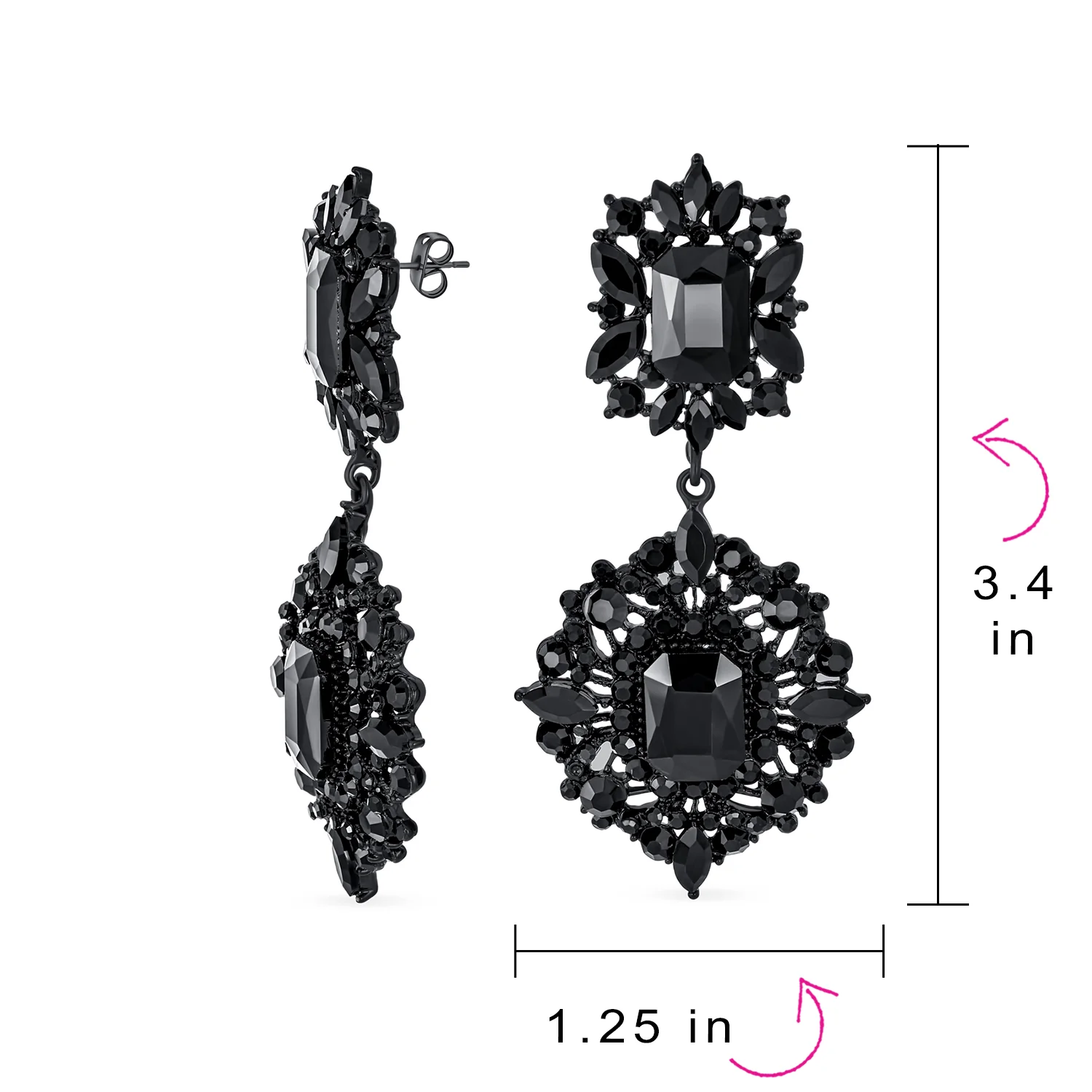 Set of 2 Big Crystal Art Deco Purple and Black Dangle Earrings Black Plated - Image 4