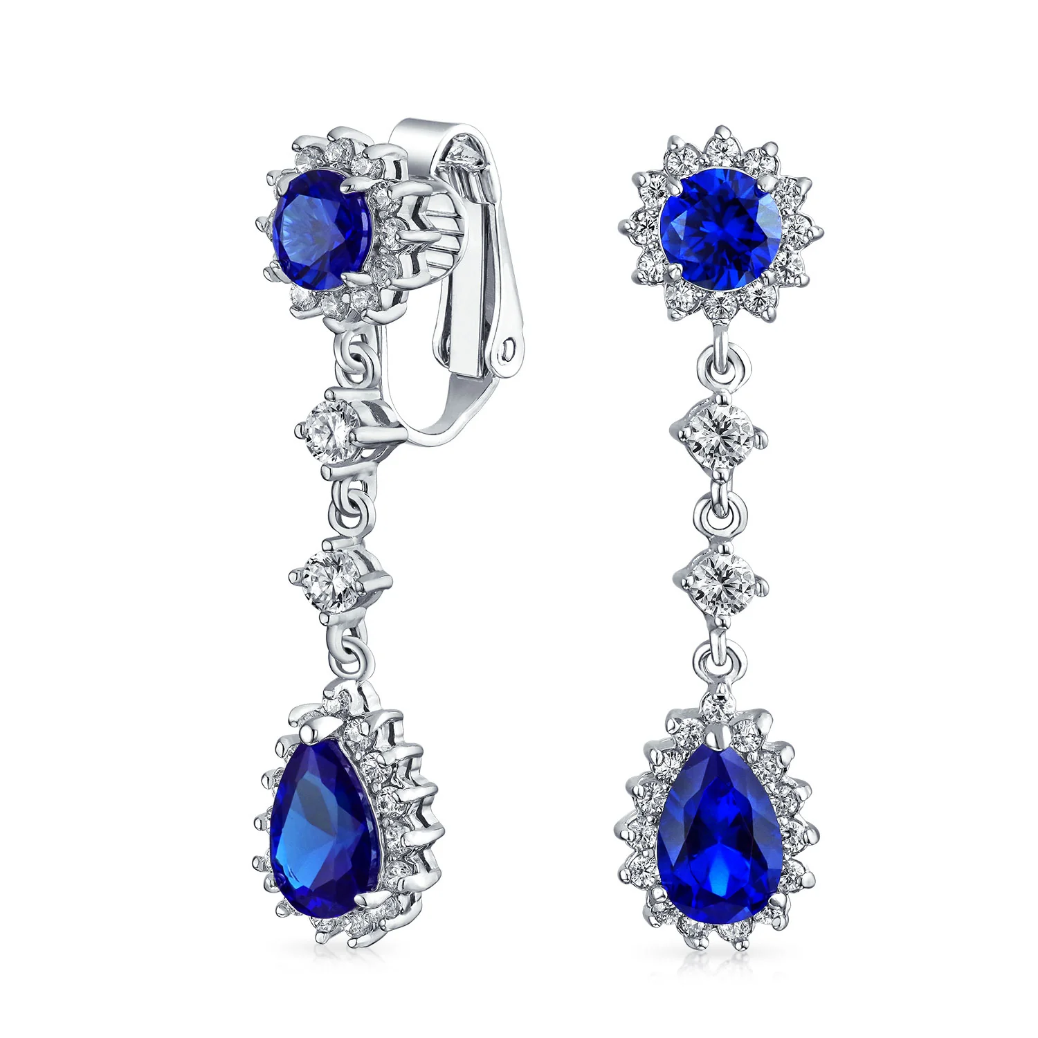 Crown Halo Cubic Zirconia CZ Teardrop Chandelier Clip On Earrings Non-Pierced