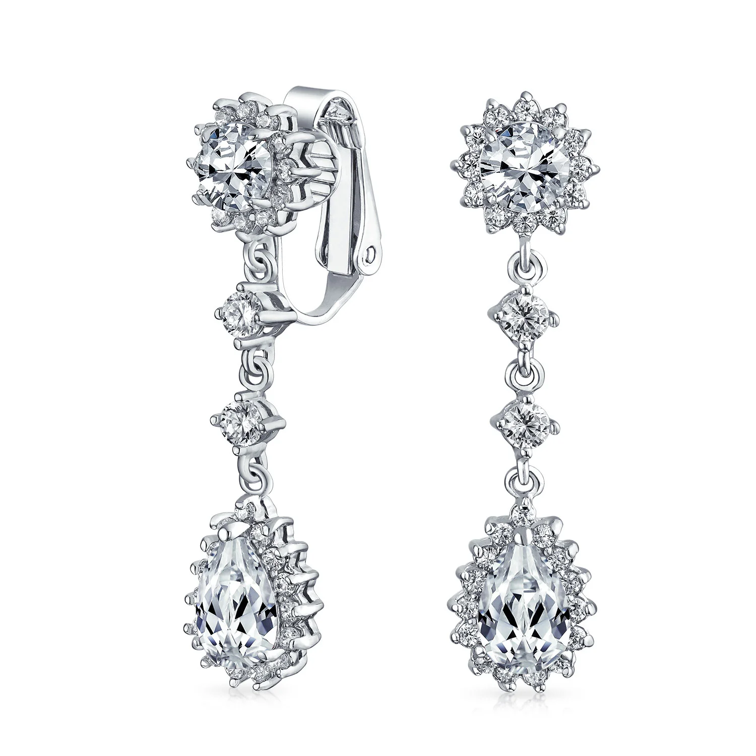 Crown Halo Cubic Zirconia CZ Teardrop Chandelier Clip On Earrings Non-Pierced - Image 2