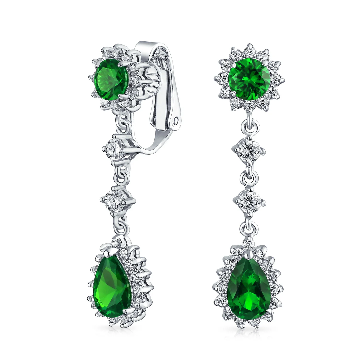 Crown Halo Cubic Zirconia CZ Teardrop Chandelier Clip On Earrings Non-Pierced - Image 3