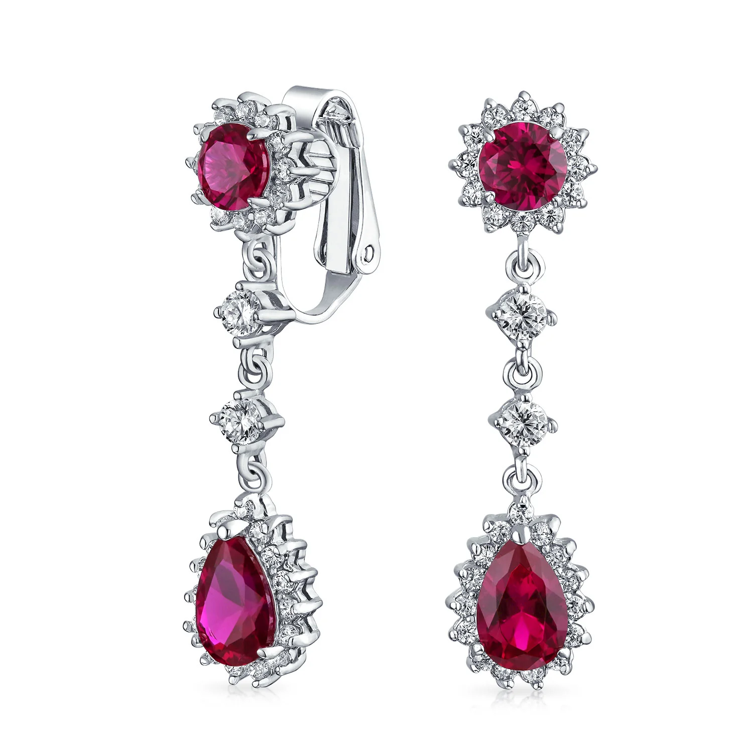 Crown Halo Cubic Zirconia CZ Teardrop Chandelier Clip On Earrings Non-Pierced - Image 4