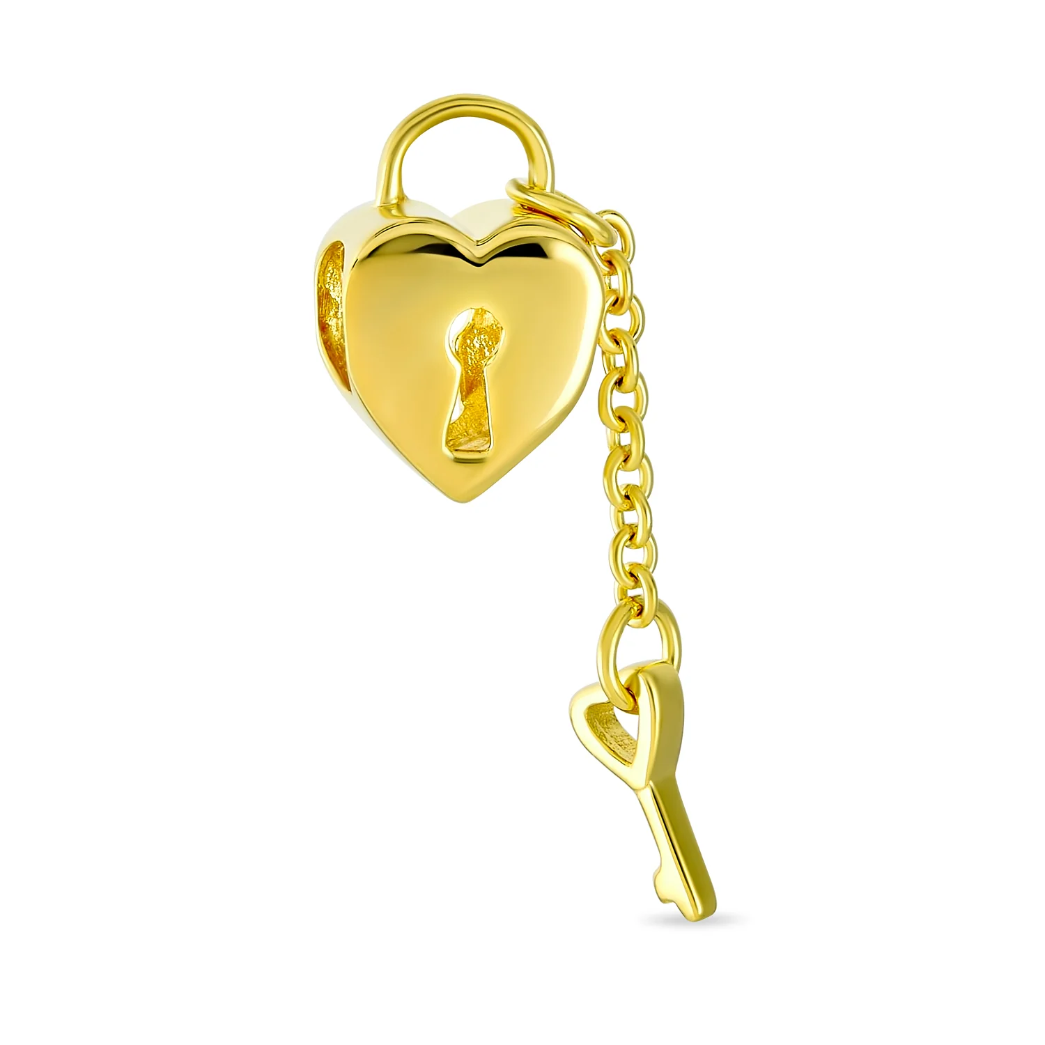 Heart Shape Lock & Key Charm Bead Gold Plated .925 Sterling Silver For Bracelet