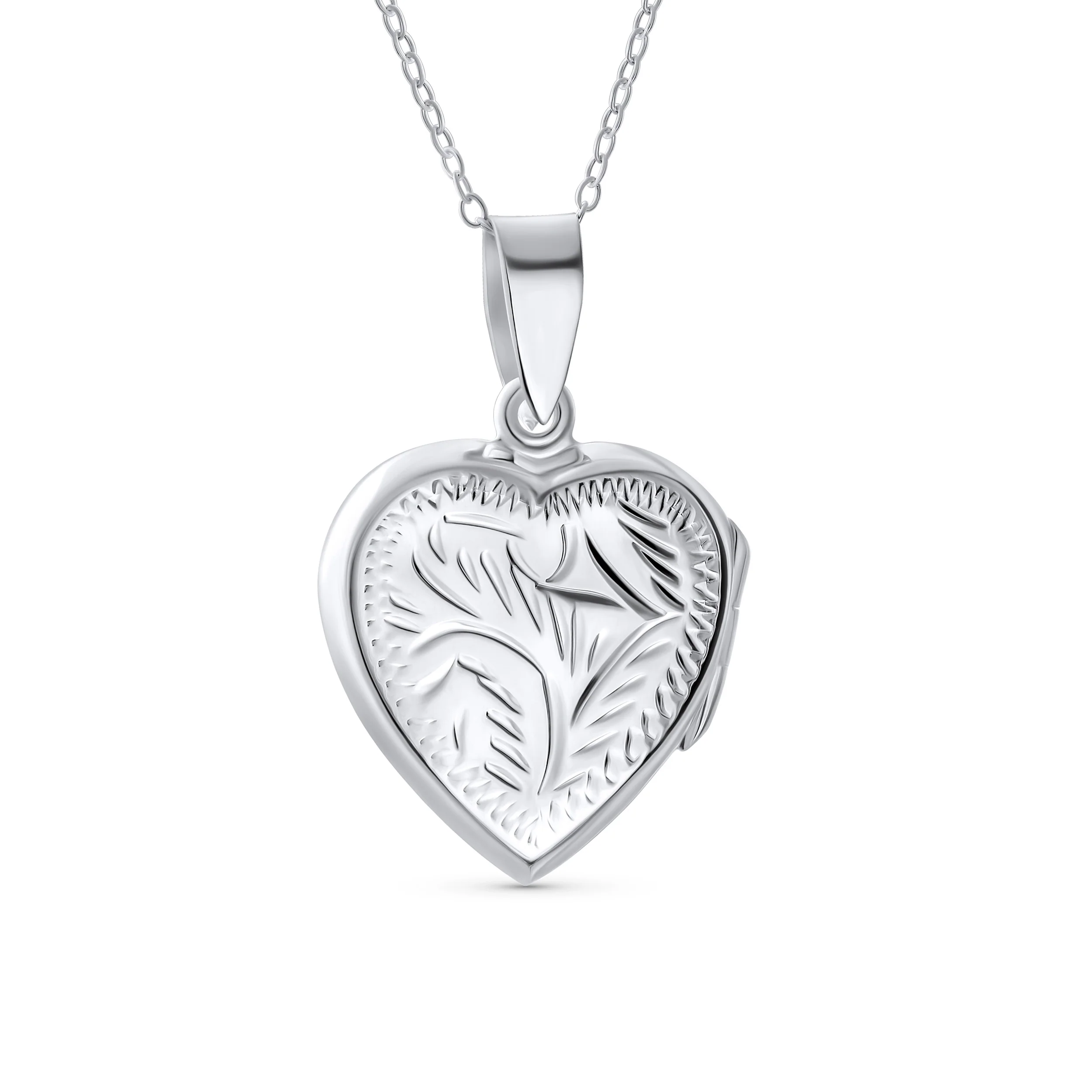 Vintage Style Keepsake Leaf Design Heart Photo Locket Necklace Pendant .925 Silver - Image 3