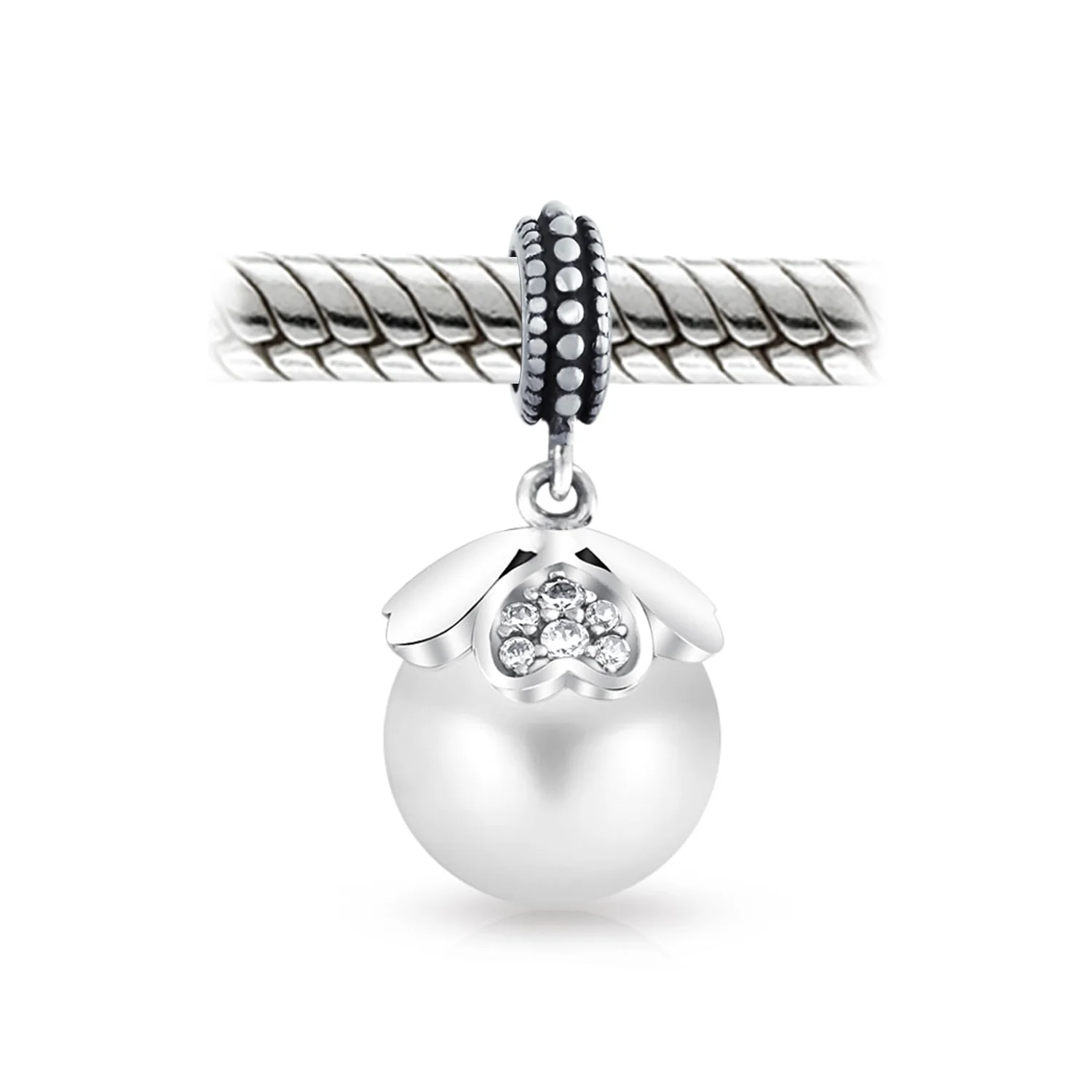 Vintage Heart Cap Pearl Dangle Charm Bead Sterling Silver for European Bracelet - Image 2