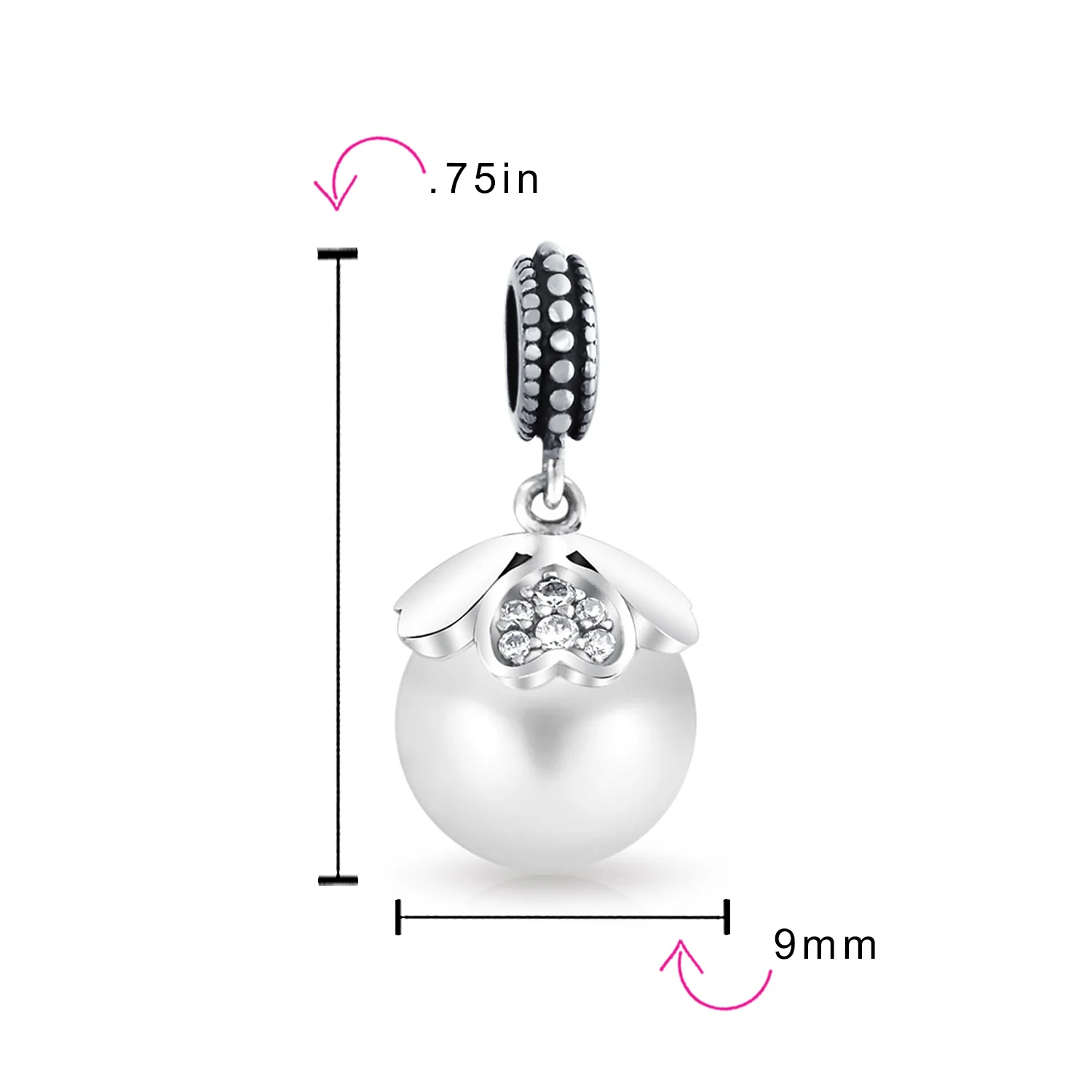 Vintage Heart Cap Pearl Dangle Charm Bead Sterling Silver for European Bracelet - Image 3