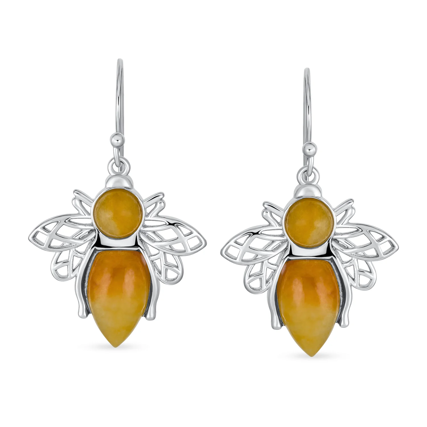 Garden Insect Orange Yellow Jade Queen Bumble Bee Dangle Drop Earrings .925 Sterling Silver - Image 4