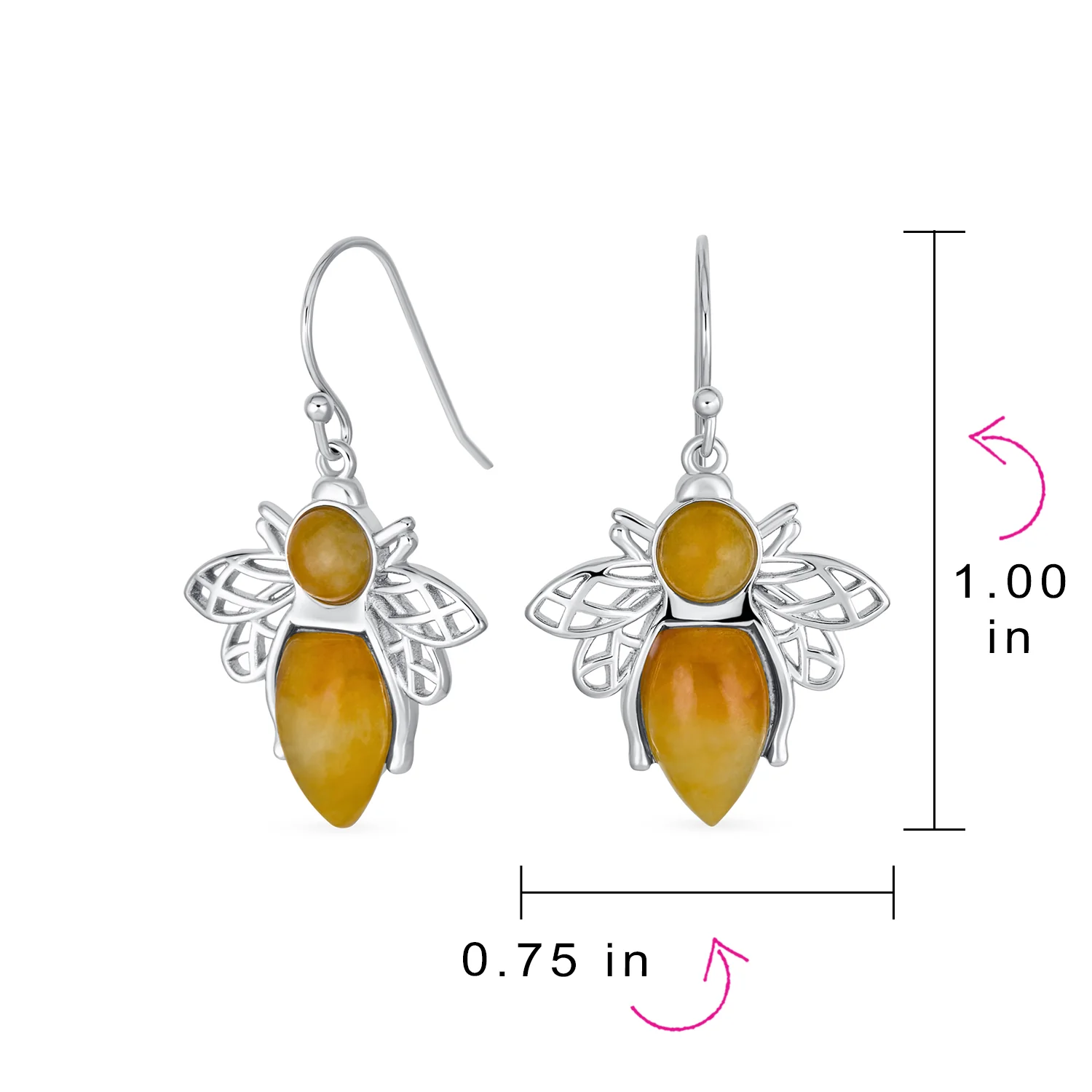 Garden Insect Orange Yellow Jade Queen Bumble Bee Dangle Drop Earrings .925 Sterling Silver - Image 8
