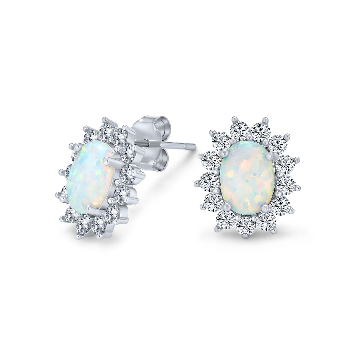 Vintage Estate Style Oval Opal Crown Halo CZ Stud Earrings Silver 12MM