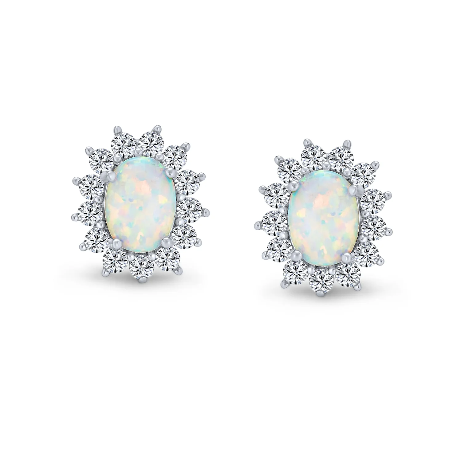 Vintage Estate Style Oval Opal Crown Halo CZ Stud Earrings Silver 12MM - Image 2