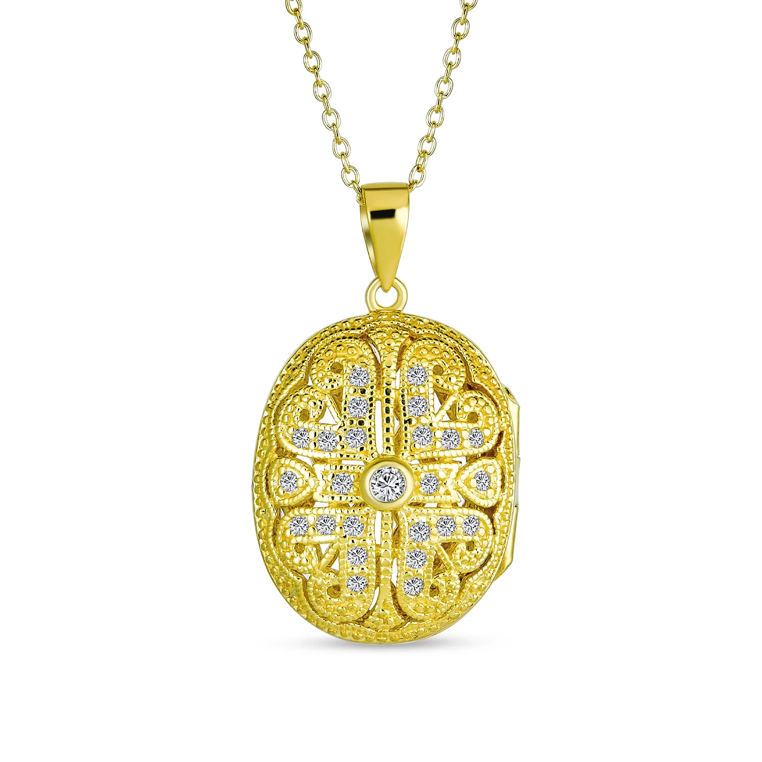Antique Style Heart & Clover Oval Keepsake Photo Locket Necklace Gold Plated .925 Sterling Silver