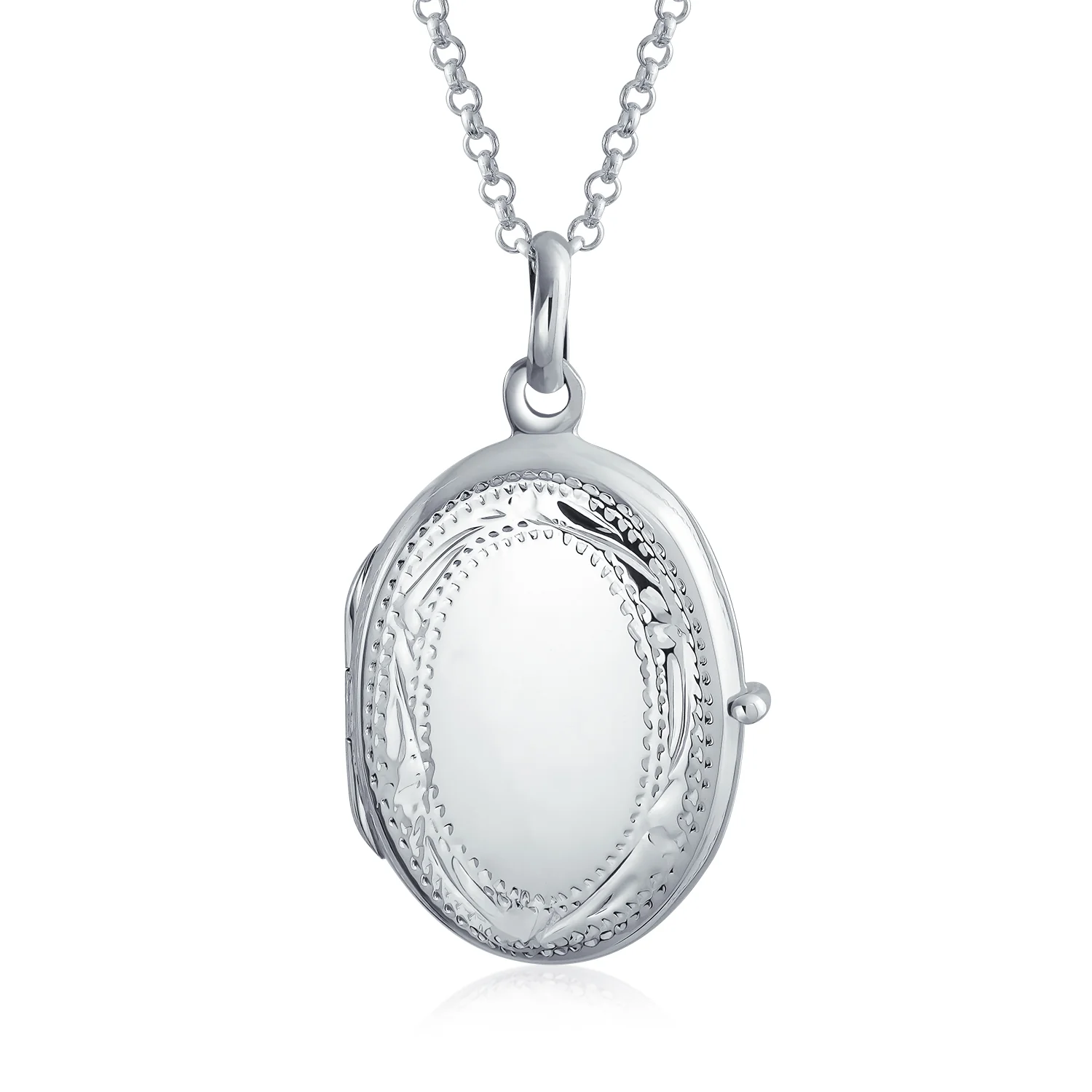 Sterling Silver Oval Photo Locket Necklace with Etched Leaf Scroll Design Holds Two Memory Pictures