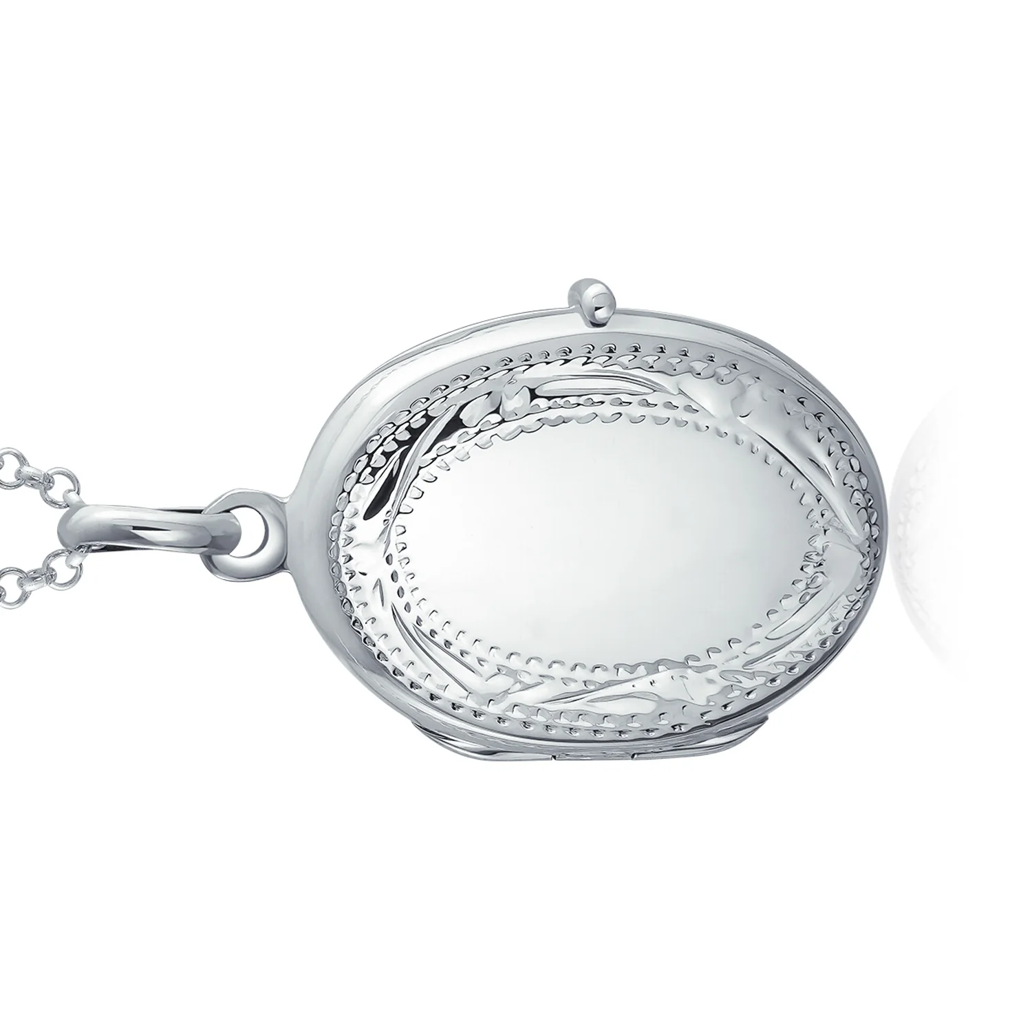 Sterling Silver Oval Photo Locket Necklace with Etched Leaf Scroll Design Holds Two Memory Pictures - Image 2