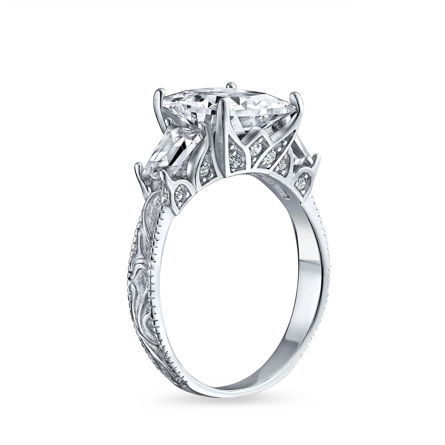 Classic 3CT Princess Cut CZ Solitaire Ring with Baguette Accents .925 Sterling Silver - Image 2