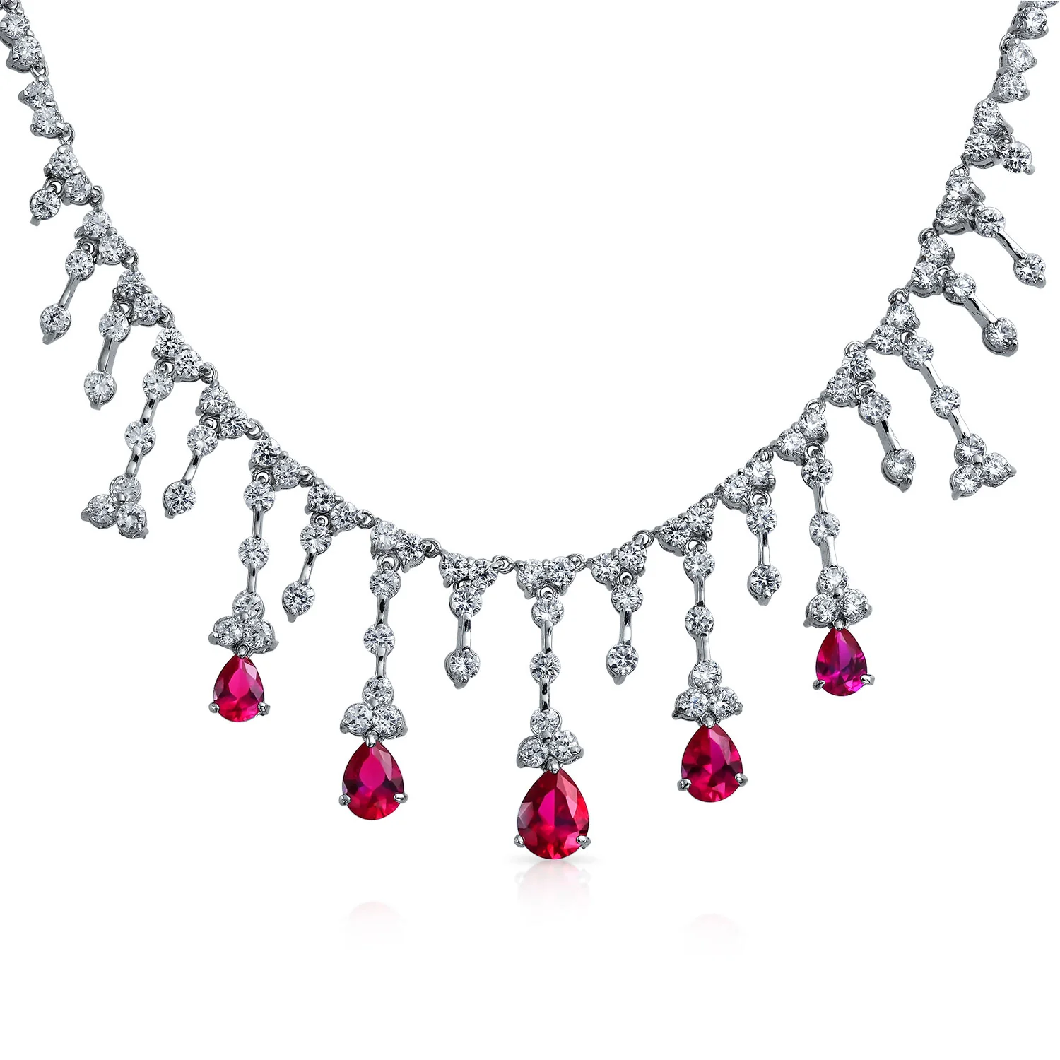 Vintage Style Red CZ Teardrop Collar Necklace Silver Plated Brass
